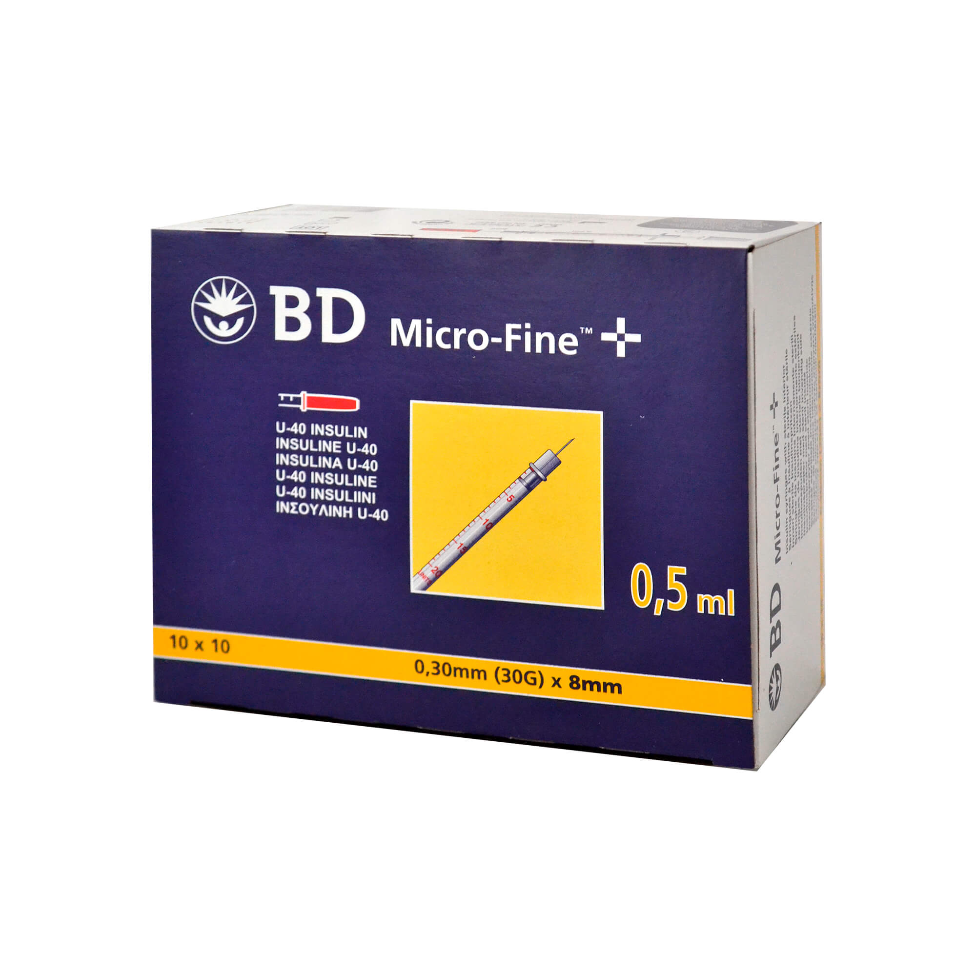 BD Micro-Fine+ Insulinspritzen 0,5 ml für U40-Insuline, Nadellänge: 8 mm, Nadelstärke: 0,30 mm.