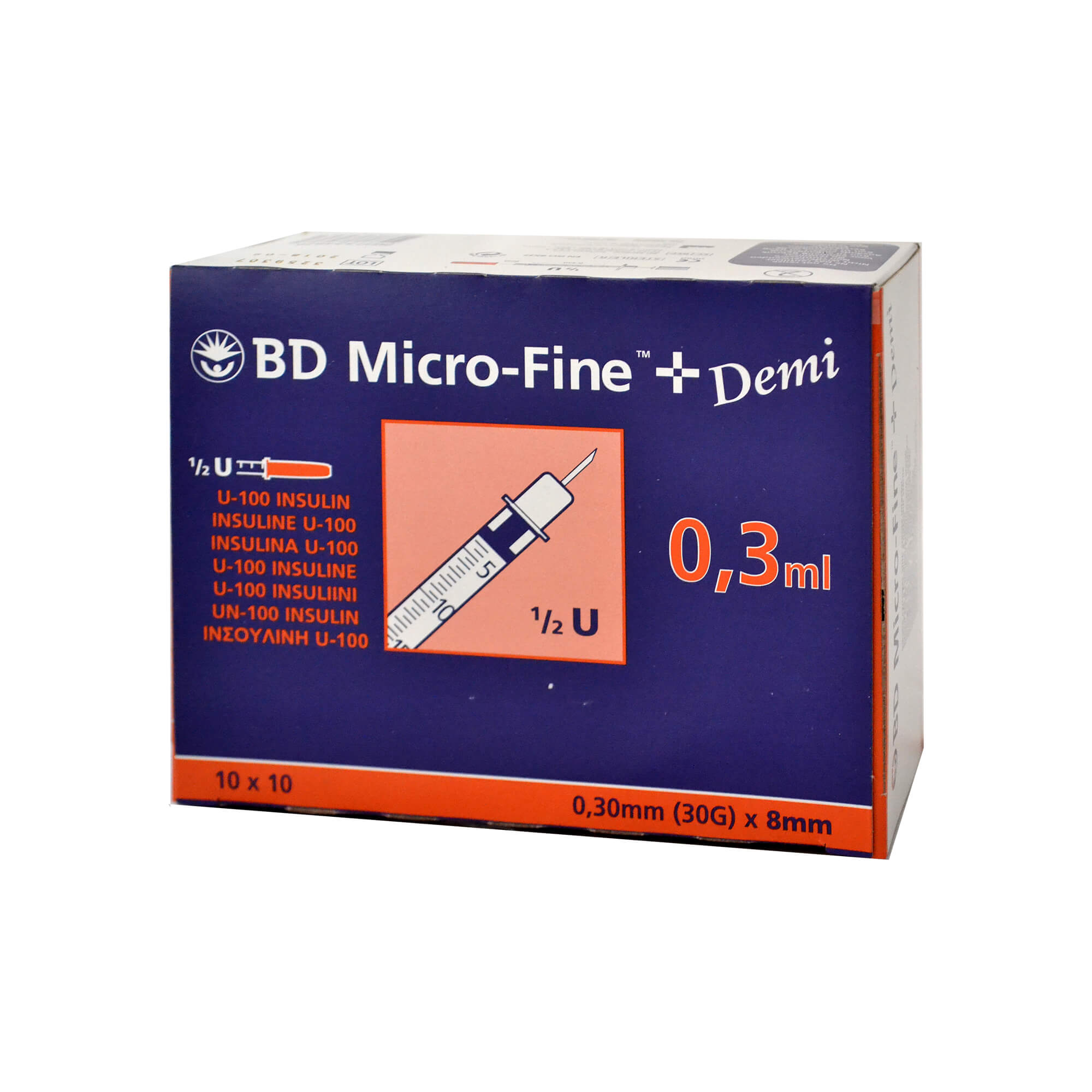 BD Micro-Fine+ Insulinspritzen 0,3 ml für U100-Insuline, Nadellänge: 8 mm, Nadelstärke: 0,30 mm.