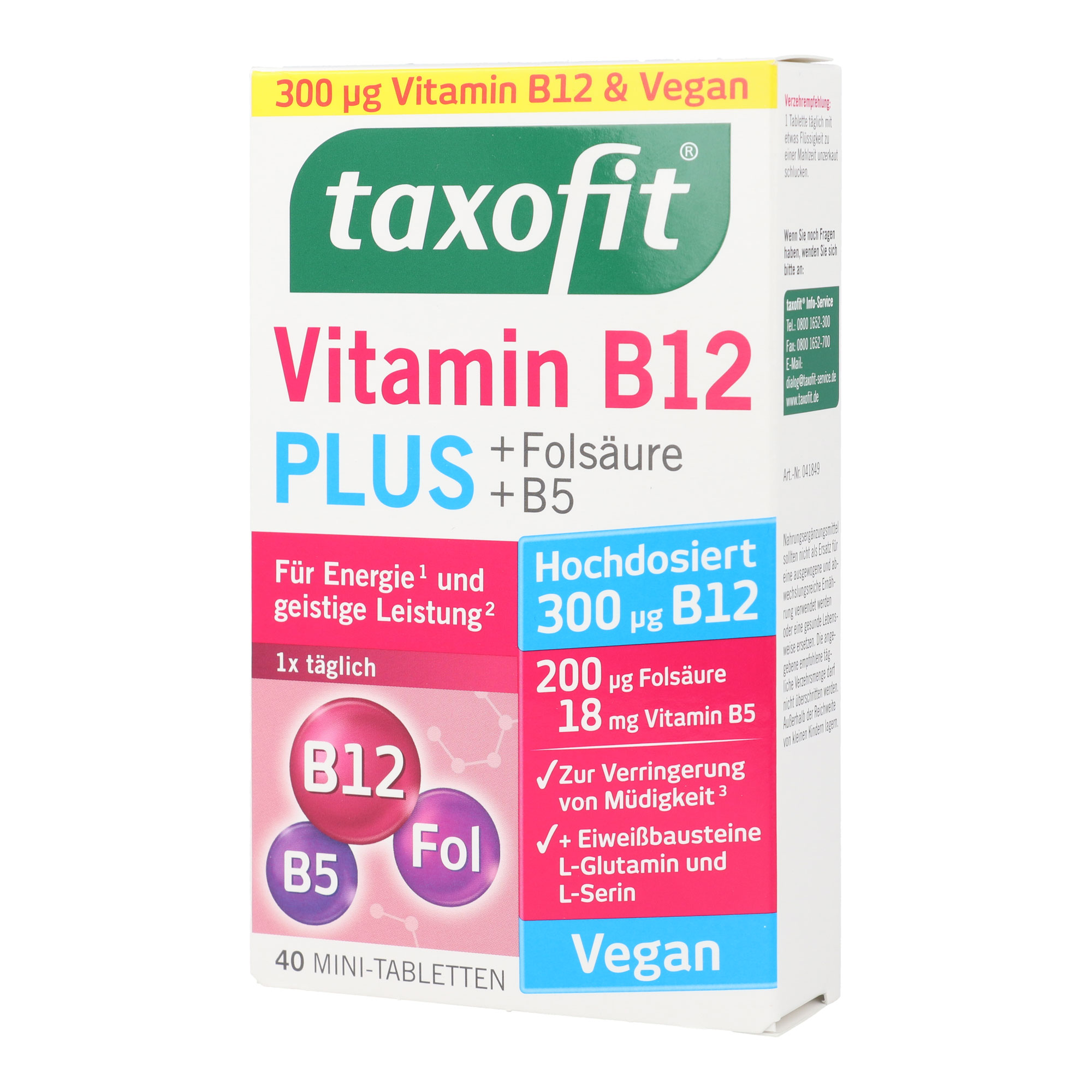 Nahrungsergänzungsmittel mit hochdosiertem Vitamin B12, Vitamin B5 und Folsäure.