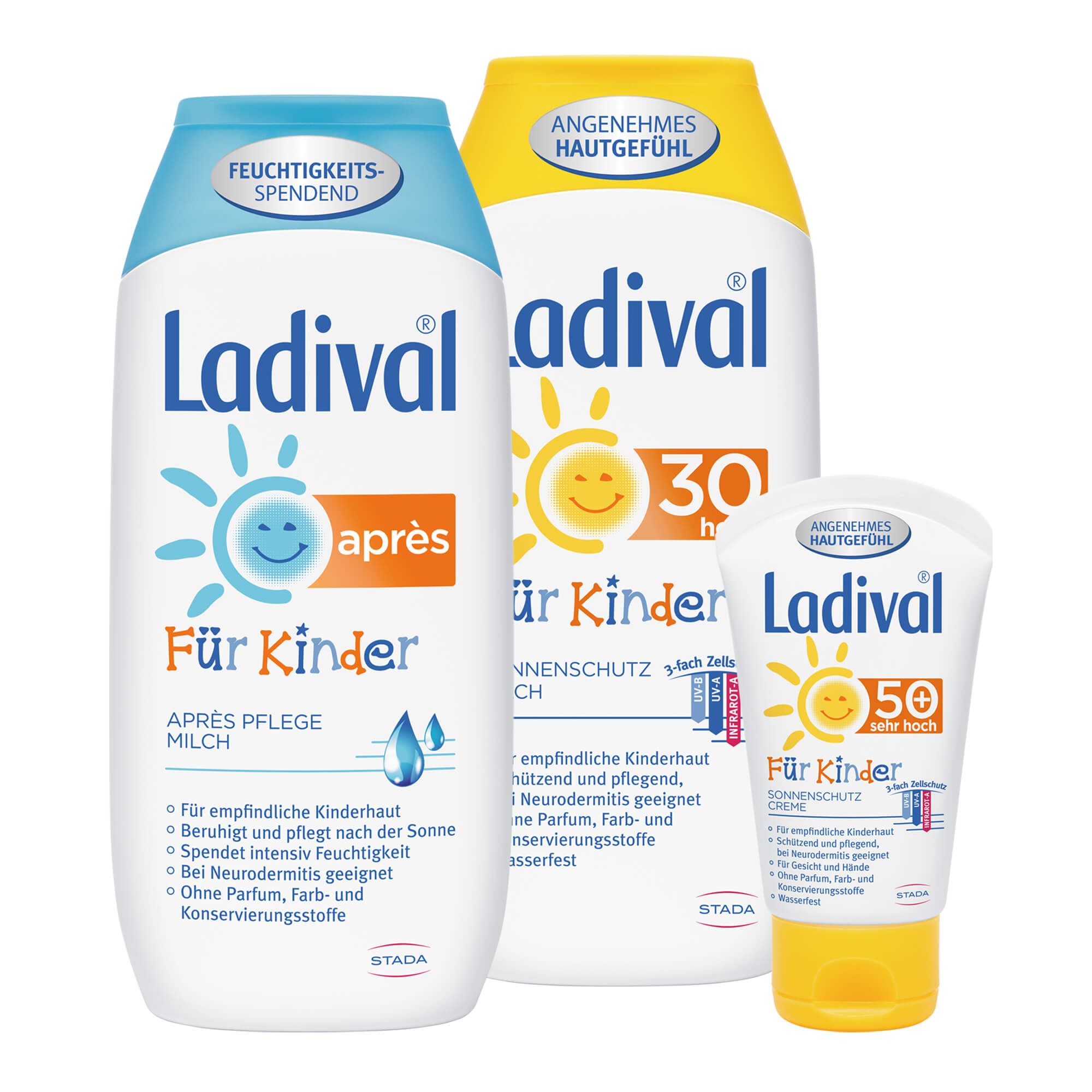 Sonnenschutz von Ladival. Für empfindliche Kinderhaut. Mit je 200 ml Sonnenschutzmilch und Après Pflegemilch sowie 50 ml Sonnenschutzcreme für Gesicht und Hände.