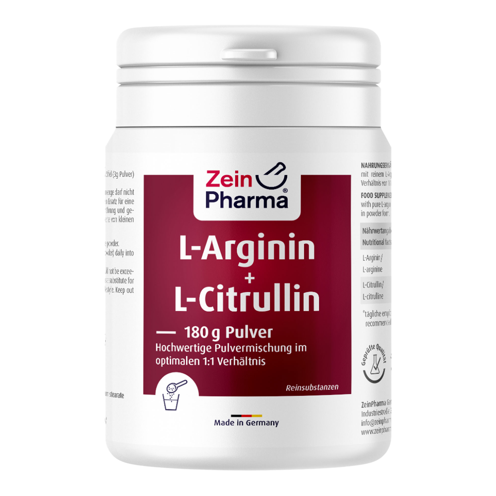 Nahrungsergänzungsmittel mit reinem L-Arginin und L-Citrullin in einem Verhältnis von 1:1 in Pulverform.