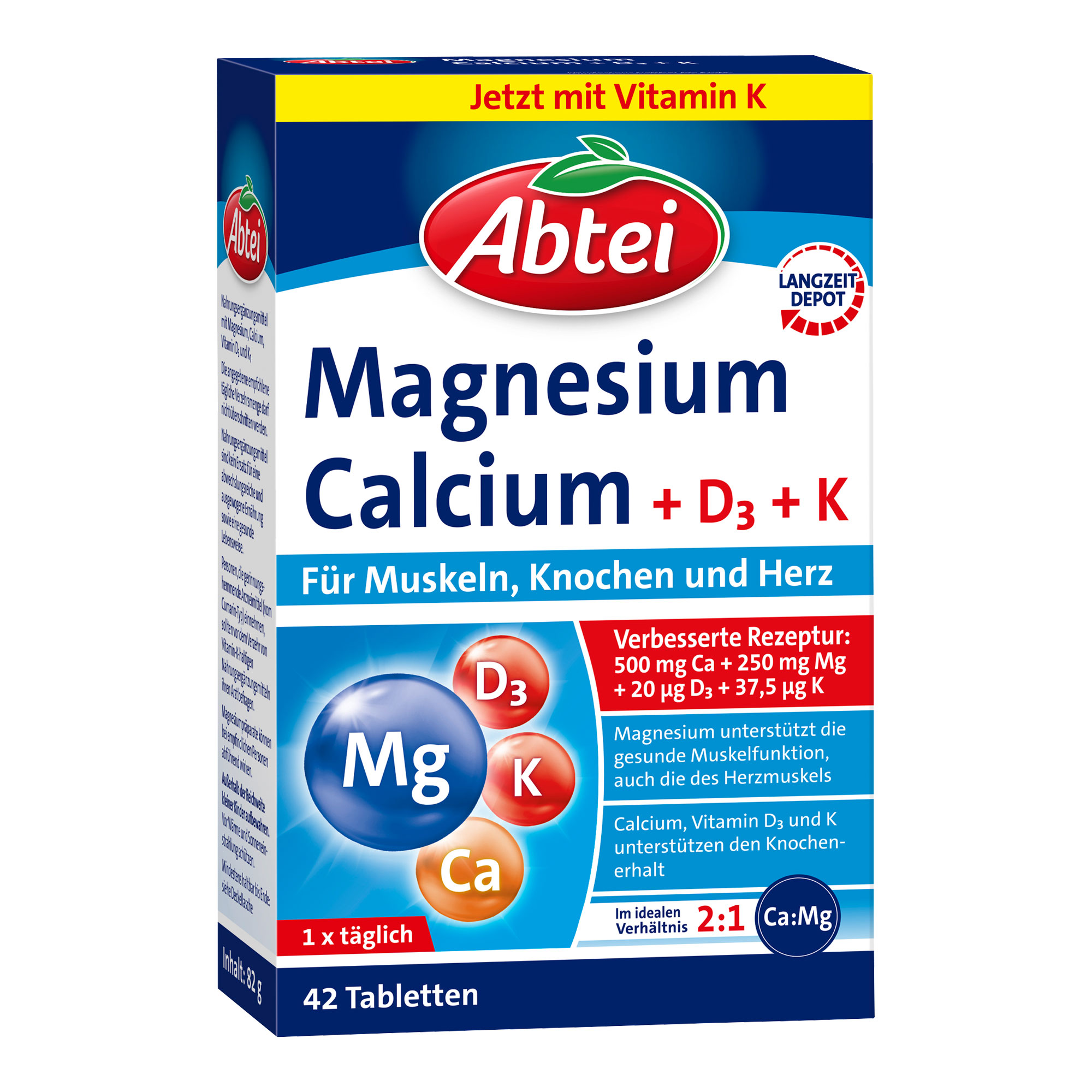 Nahrungsergänzungsmittel mit Magnesium, Calcium, Vitamin D3 und K1.
