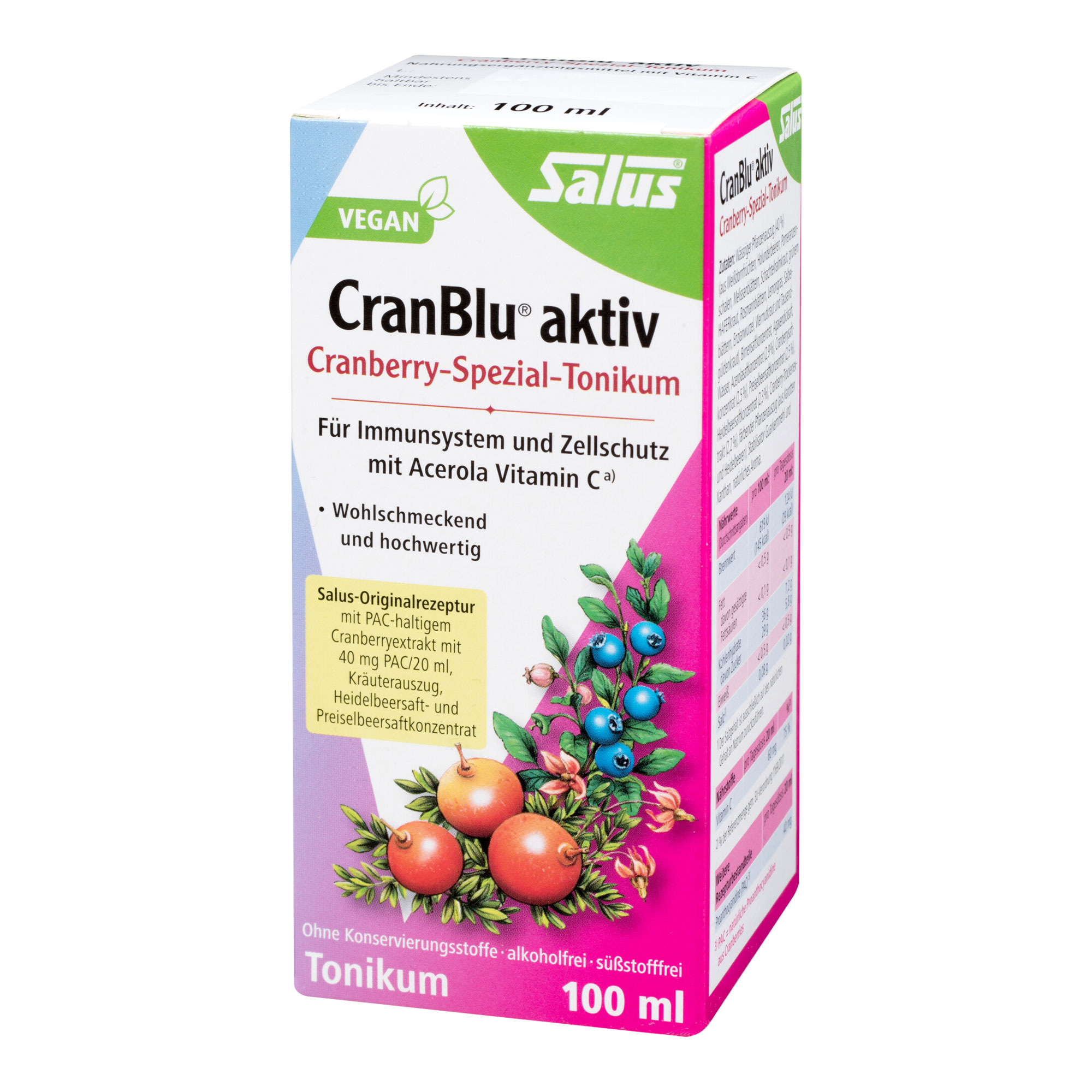 Nahrungsergänzungsmittel mit PAC-haltigem Cranberryextrakt mit 40 mg PAC/20 ml, Kräuterauszug, Heidelbeersaft- und Preiselbeersaftkonzentrat.