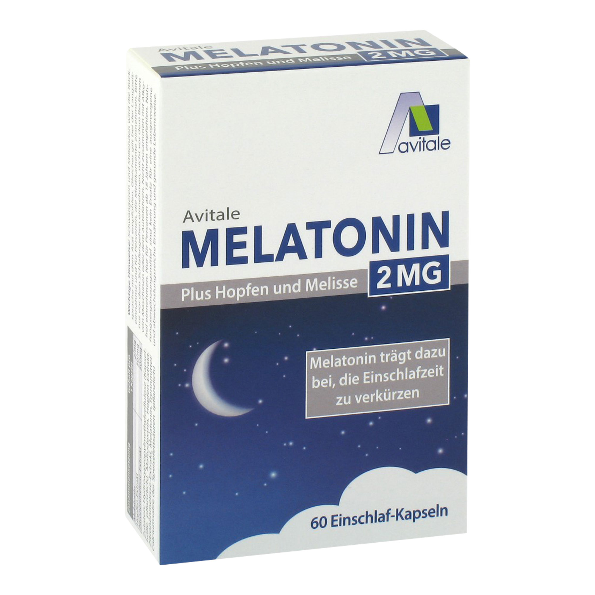 Nahrungsergänzungsmittel mit 2 mg Melatonin, Hopfen- und Zitronenmelisse-Extrakt.