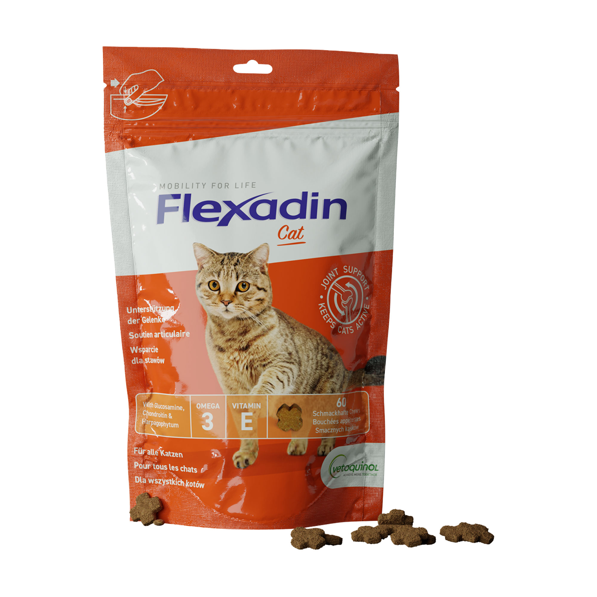Ergänzungsfutter für Katzen. Schmackhafte Kauleckerli (Chews) mit Glucosamin, Chondroitin und Omega-3.