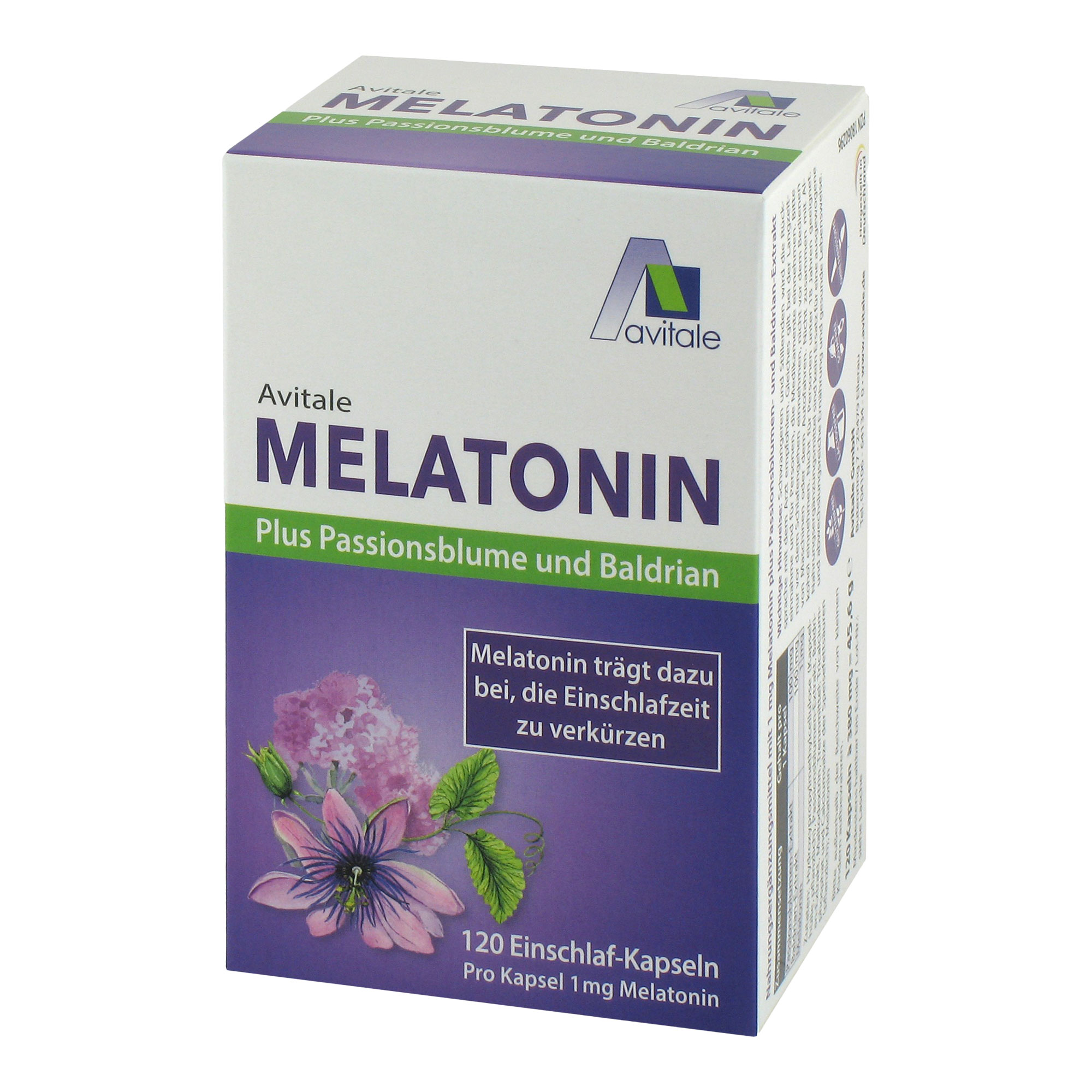 Nahrungsergänzungsmittel mit 1 mg Melatonin, Passionsblumen- und Baldrianextrakt.
