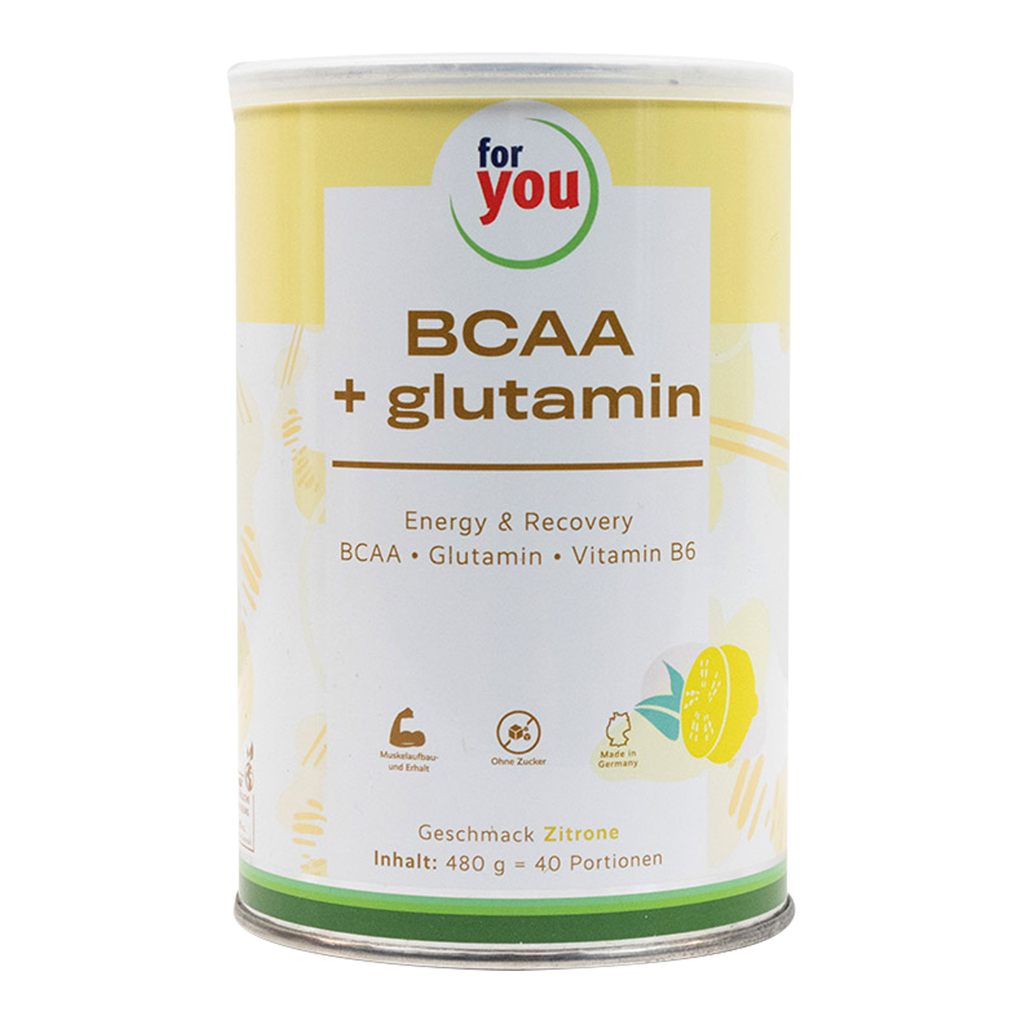 Nahrungsergänzungsmittel mit verweigtkettigen Aminosäuren (BCAA), L-Glutamin und Vitamin B6. Mit Zitronen-Geschmack.