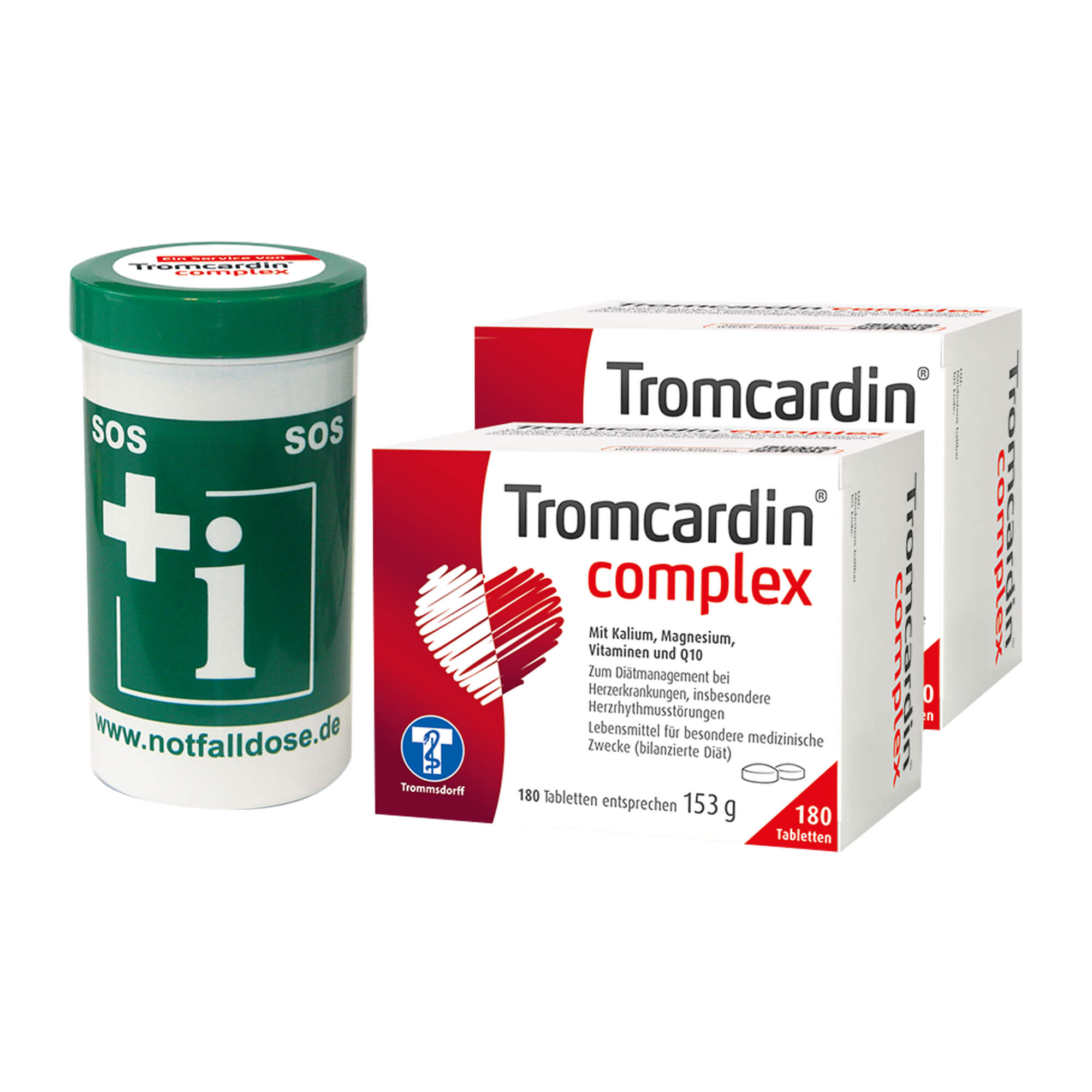Notfallbox-Set beinhaltet 2x Tromcardin complex Tabletten, 1x Notfalldose.