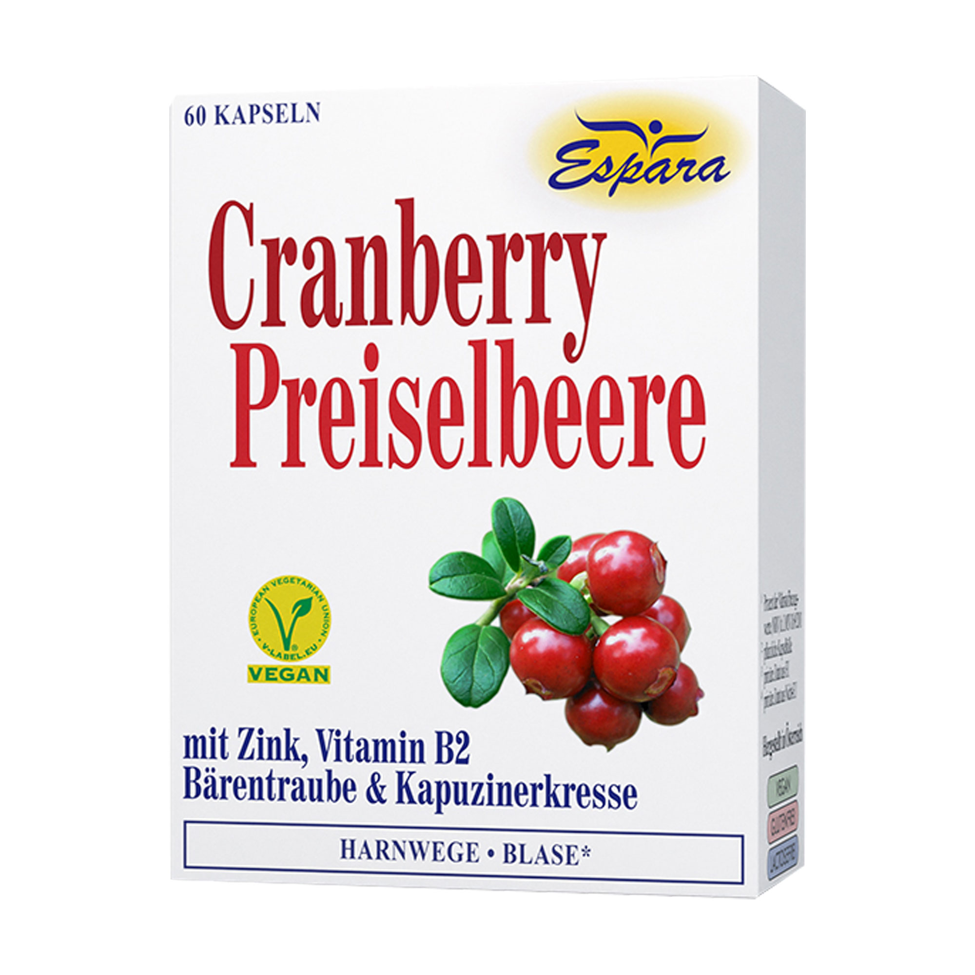 Nahrungsergänzungsmittel mit Vitamin B2 und dem Mineralstoff Zink in einer Basis aus Cranberry, Preiselbeere, Bärentraube und Kapuzinerkresse.