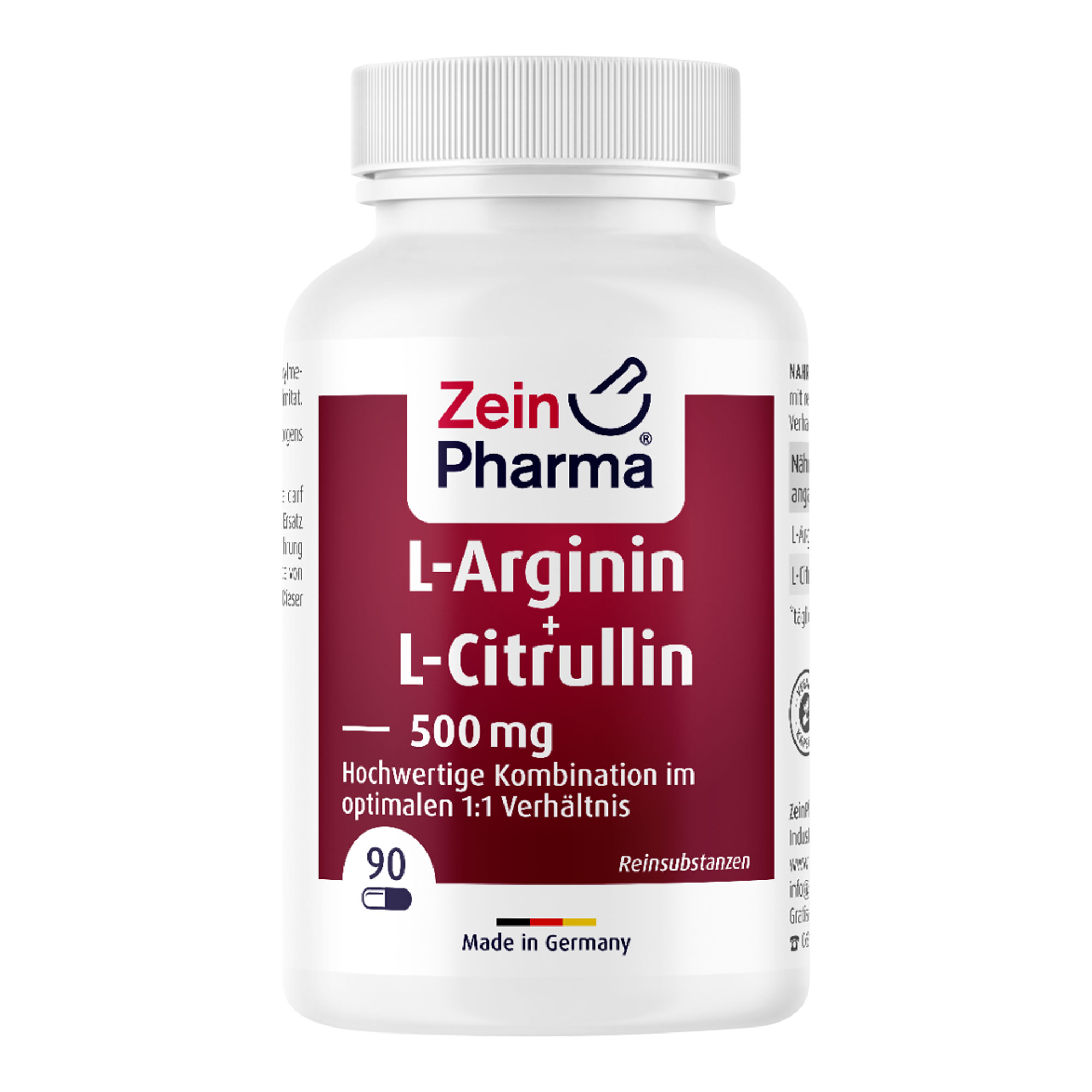 Nahrungsergänzungsmittel mit reinem L-Arginin und L-Citrullin in einem Verhältnis von 1:1 in veganen Kapseln.
