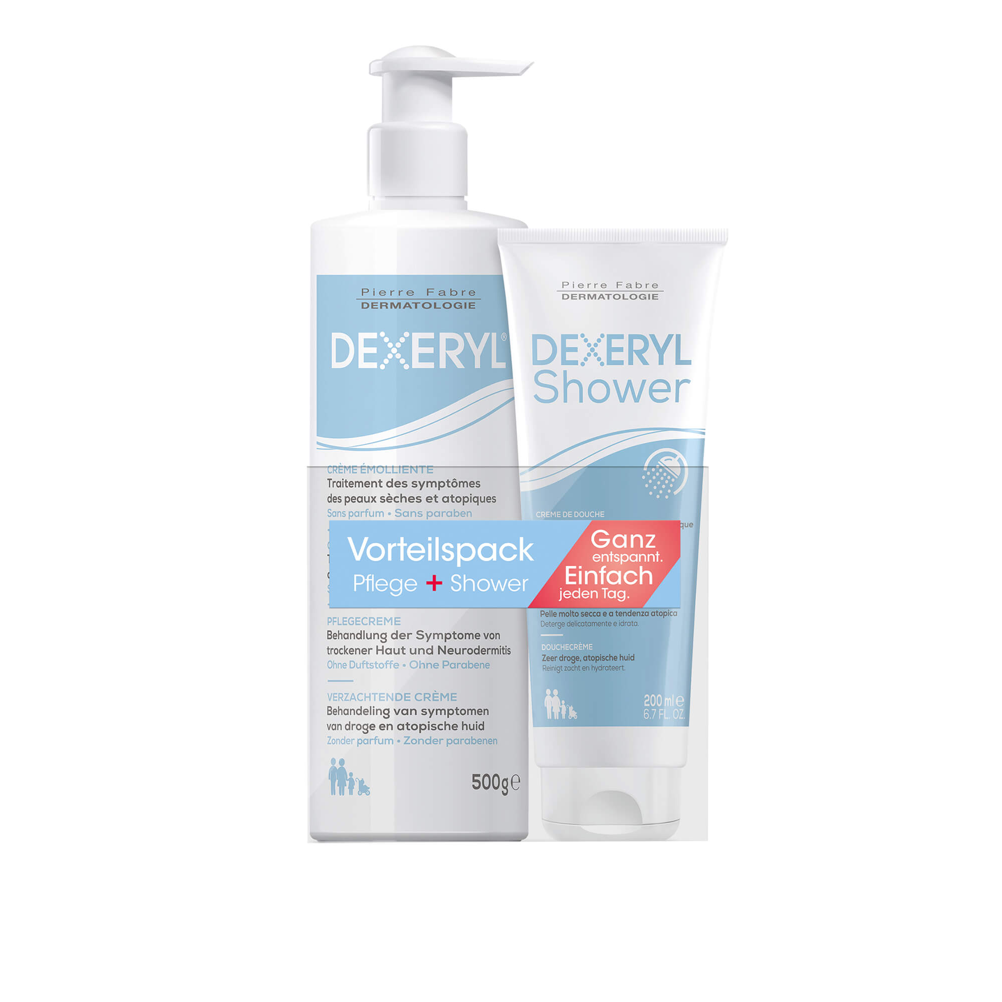 Intensivpflege bei sehr trockener Haut und Neurodermitis. Mit Dexeryl Creme und Dexeryl Shower Duschcreme.