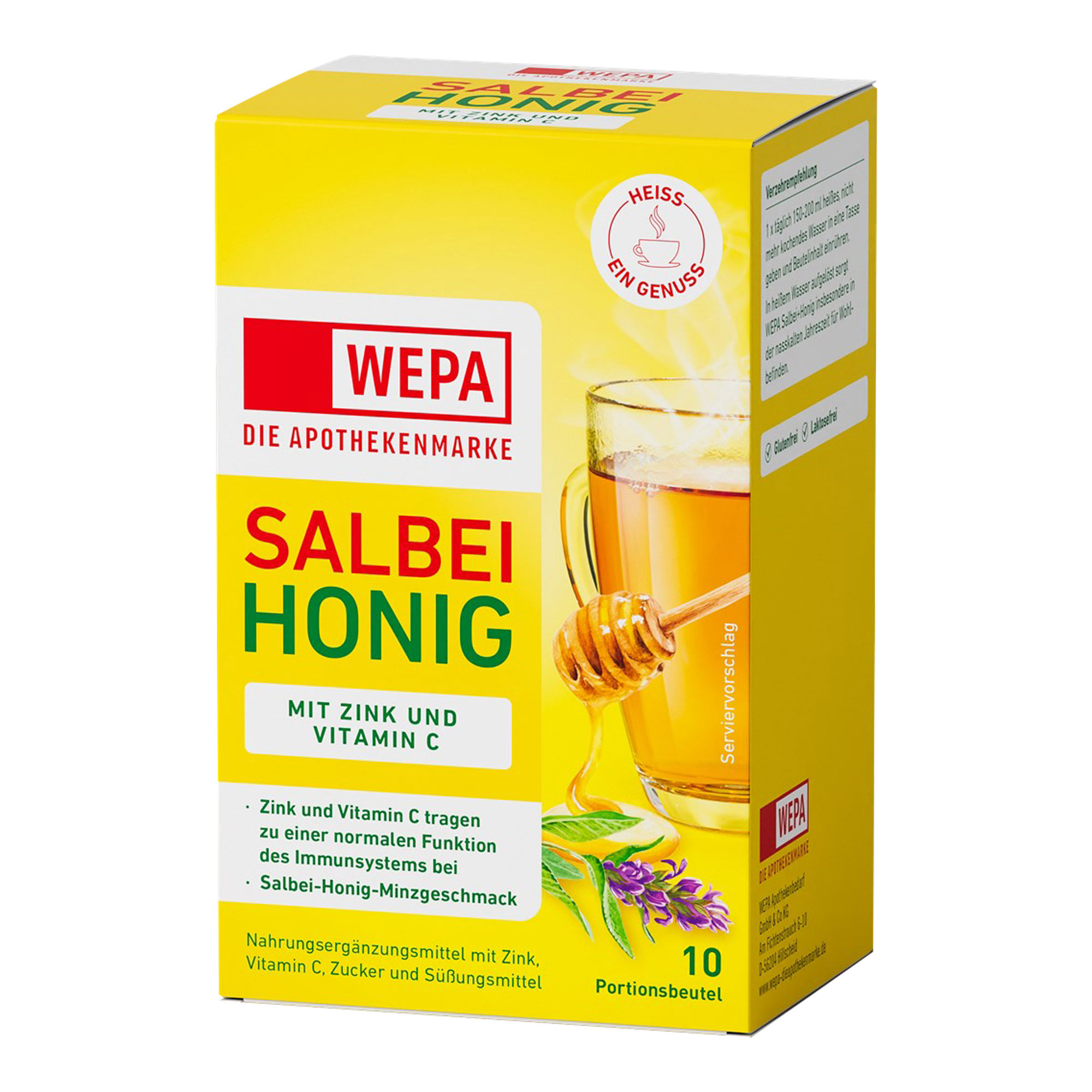 Nahrungsergänzungsmittel mit Zink und Vitamin C. Mit Salbei-Honig-Minzgeschmack.