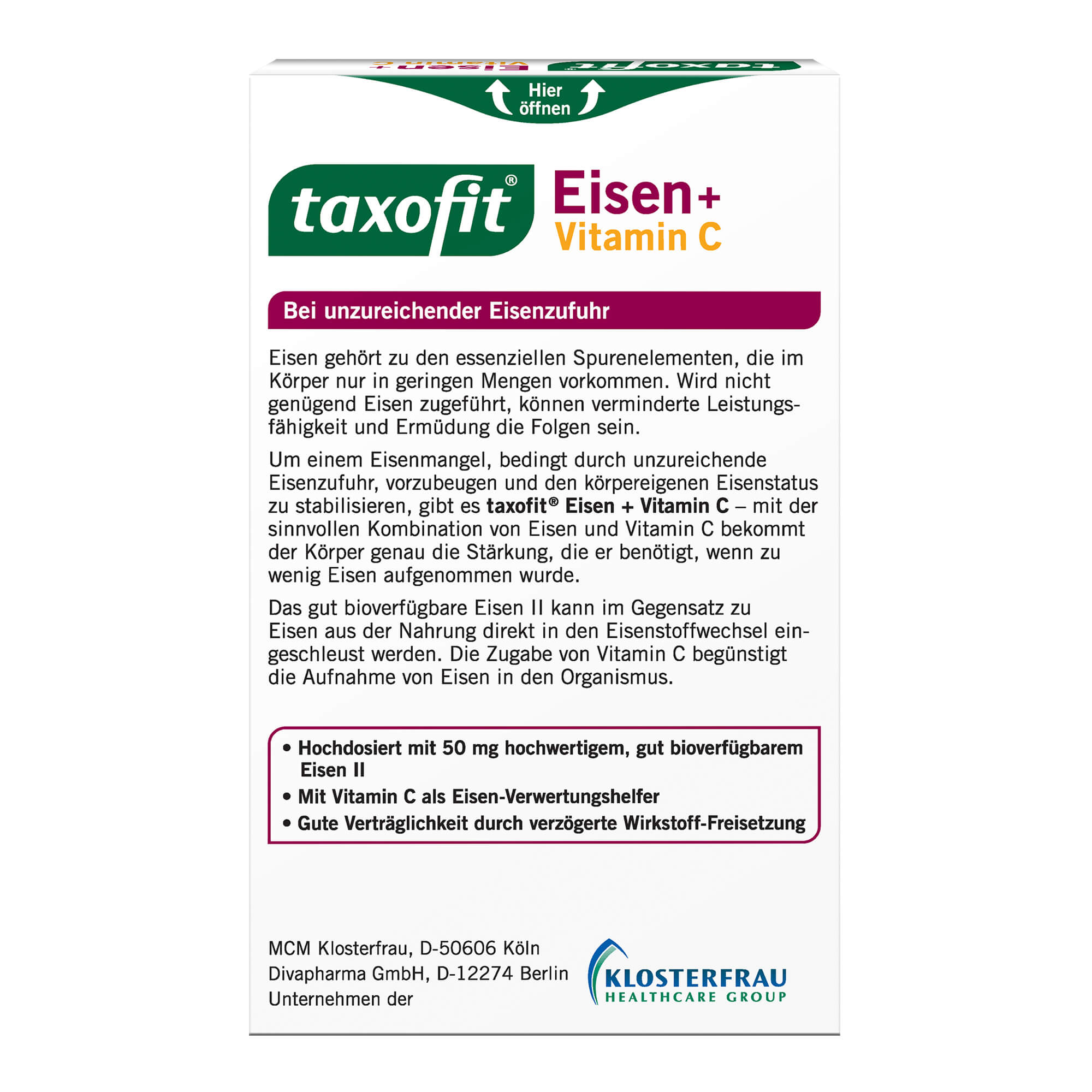 Taxofit Eisen+Vitamin C Kapseln Packungsrückseite