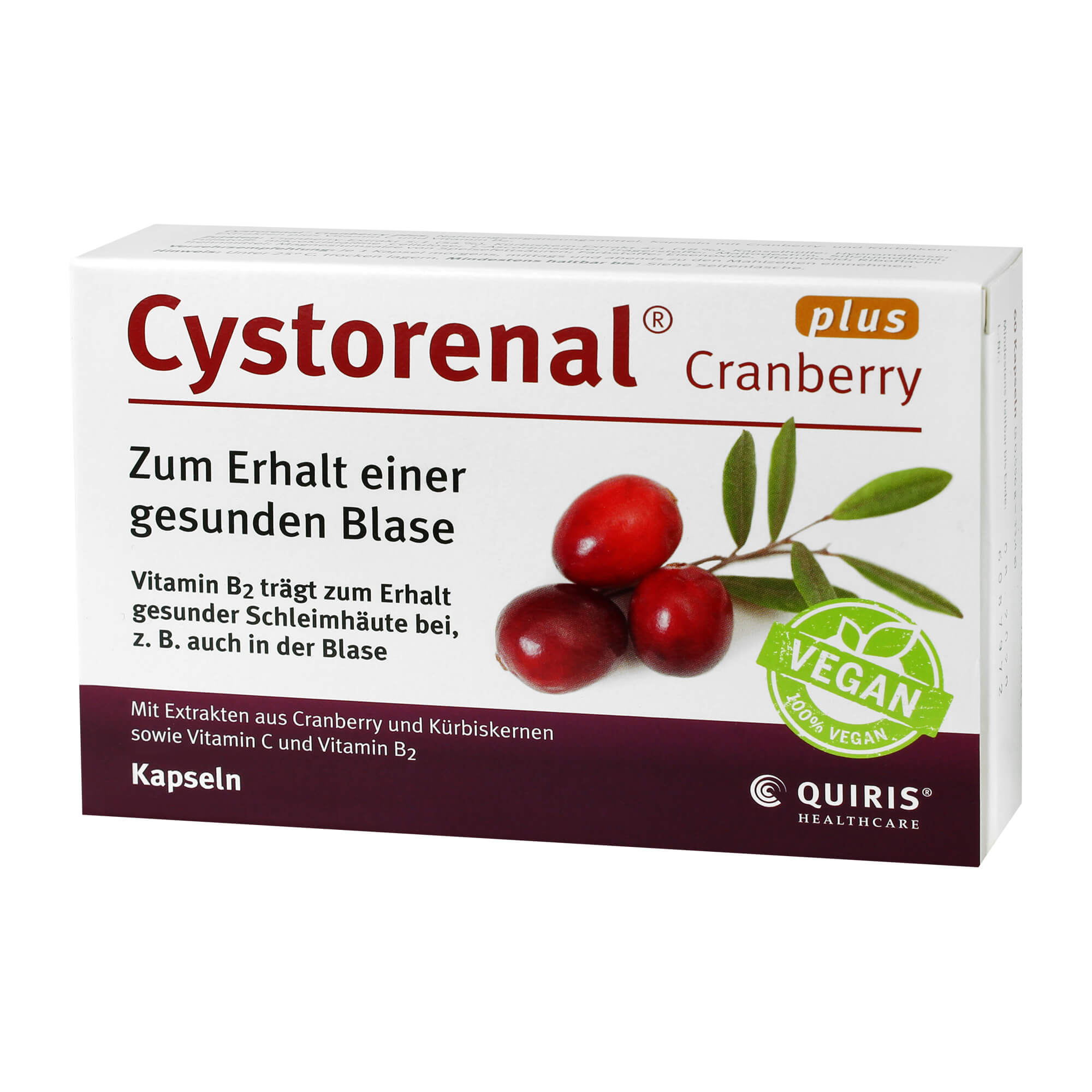 Nahrungsergänzungsmittel mit Extrakten aus Cranberry und Kürbiskernen sowie Vitamin C und Vitamin B2.