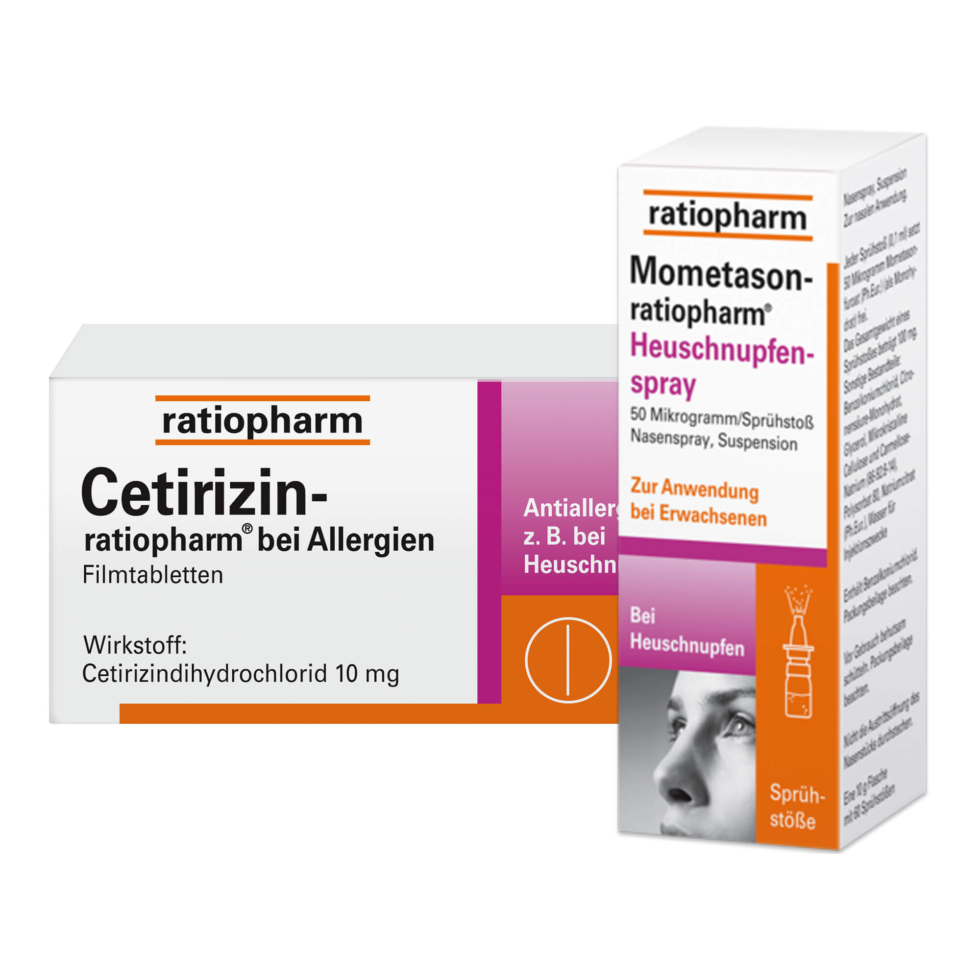 Mit 100 Cetirizin-ratiopharm 10 mg Filmtabletten und 18 g Mometason ratiopharm Heuschnupfenspray.