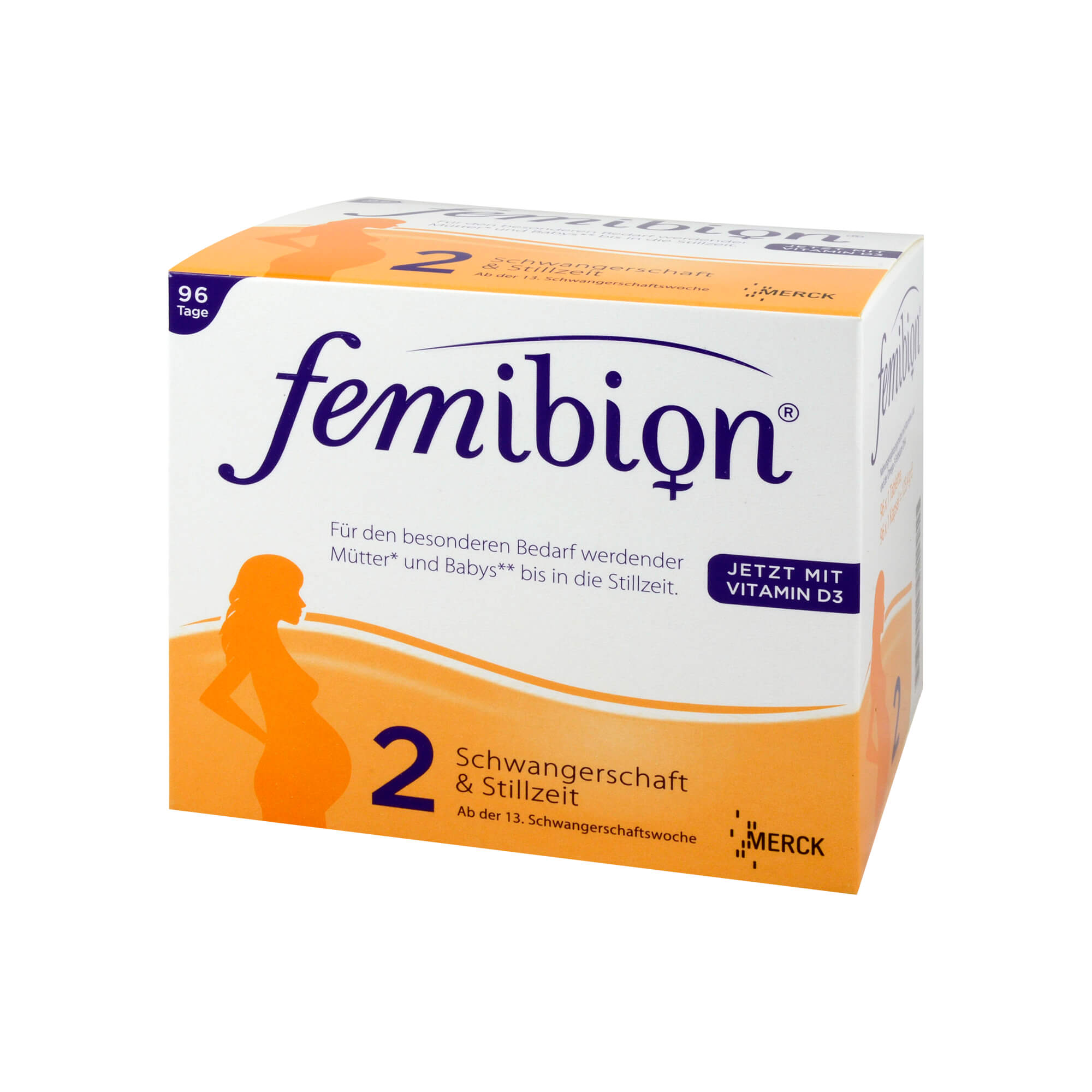Nahrungsergänzungsmittel mit Vitaminen und Jod. Femibion Schwangerschaft 2 enthält 96 Tabletten + 96 Kapseln = 96 Tagesportionen.