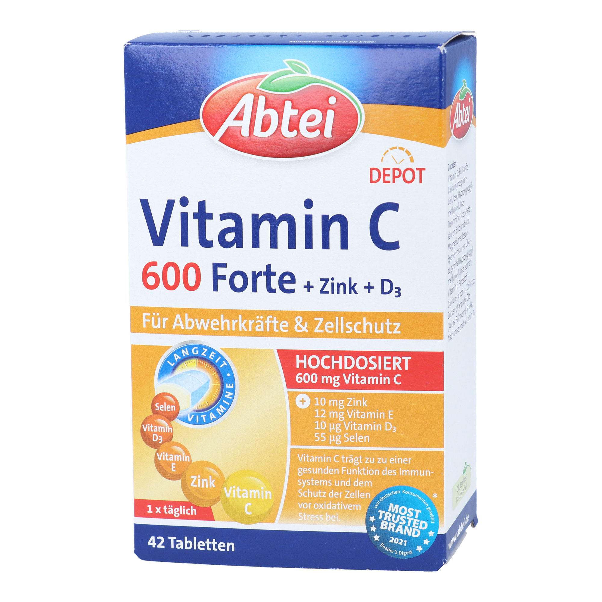 Nahrungsergänzungsmittel mit hochdosiertem Vitamin C, Zink, Vitamin E, Vitamin D3 und Selen.