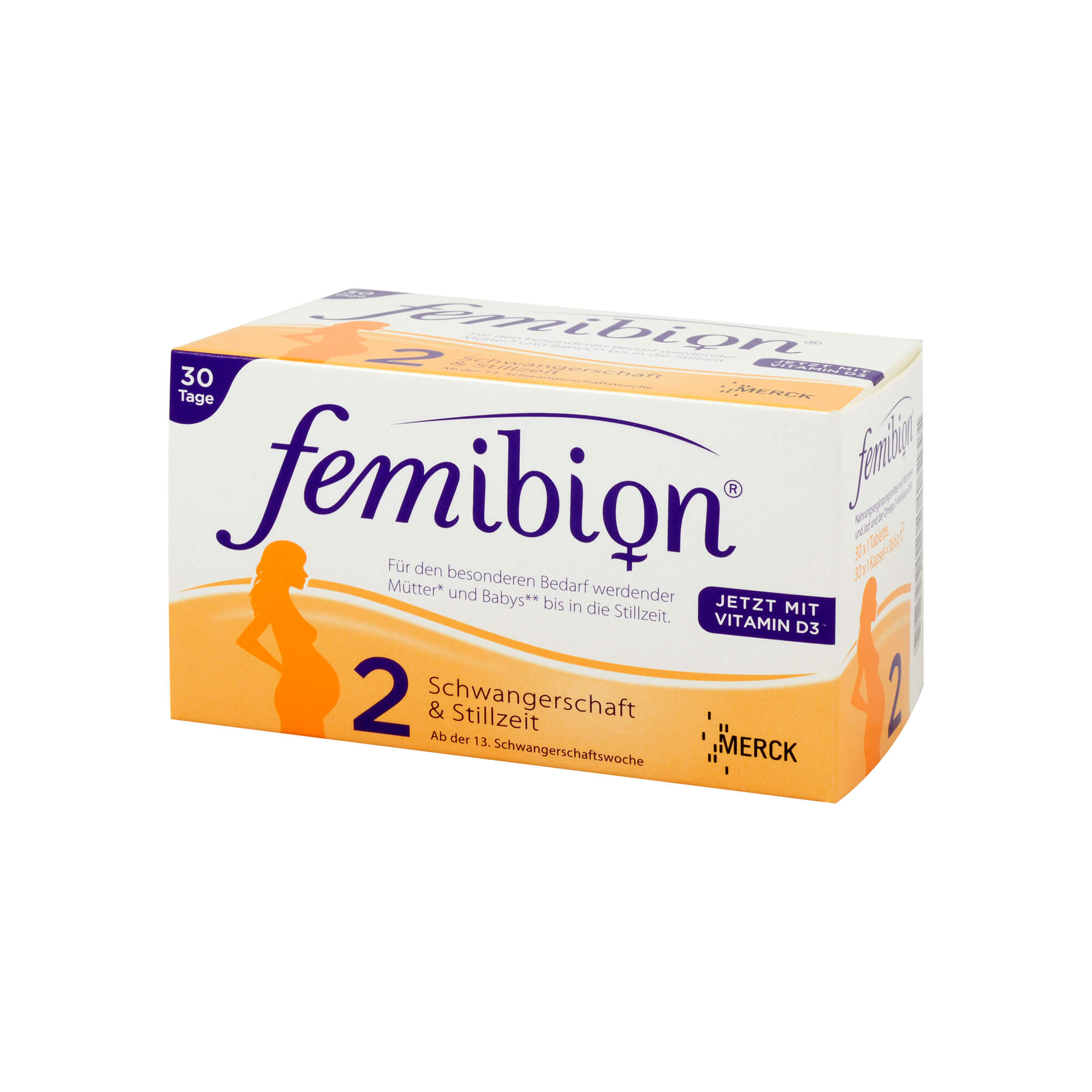 Nahrungsergänzungsmittel mit Vitaminen und Jod. Femibion Schwangerschaft 2 enthält 30 Tabletten + 30 Kapseln = 30 Tagesportionen.