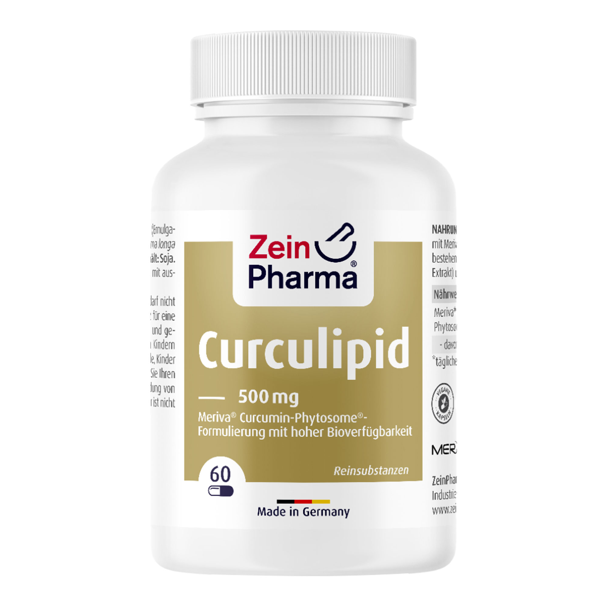 Nahrungsergänzungsmittel mit Meriva® Curcumin-Phytosome®-Formulierung, bestehend aus Curcuminoiden (aus Curcuma longa Extrakt) und Lecithin in veganen Kapseln.