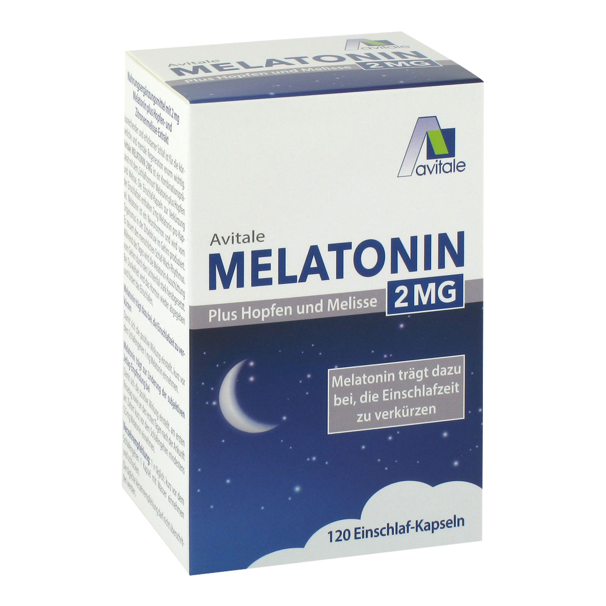 Nahrungsergänzungsmittel mit 2 mg Melatonin, Hopfen- und Zitronenmelisse-Extrakt.