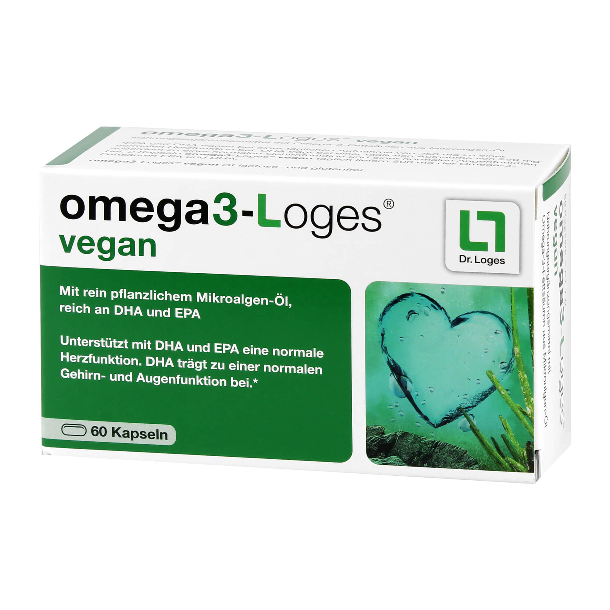 Pflanzliches Nahrungsergänzungsmittel mit Omega-3-Fettsäuren aus Mikroalgen-Öl.
