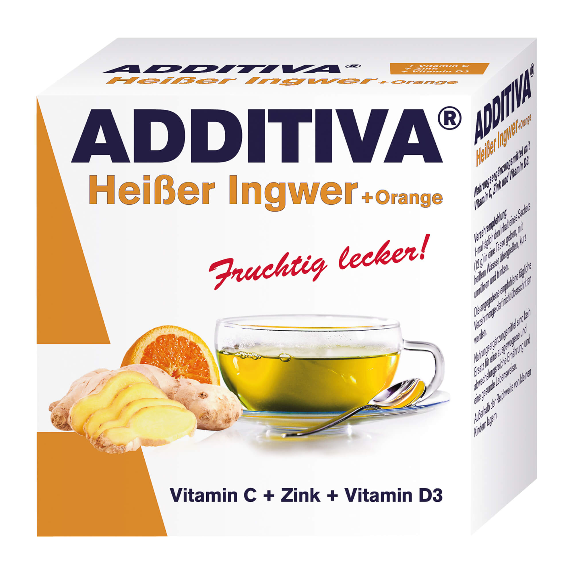 Nahrungsergänzungsmittel mit Vitamin C, Zink und Vitamin D3. Mit Inger-Orangen-Geschmack.