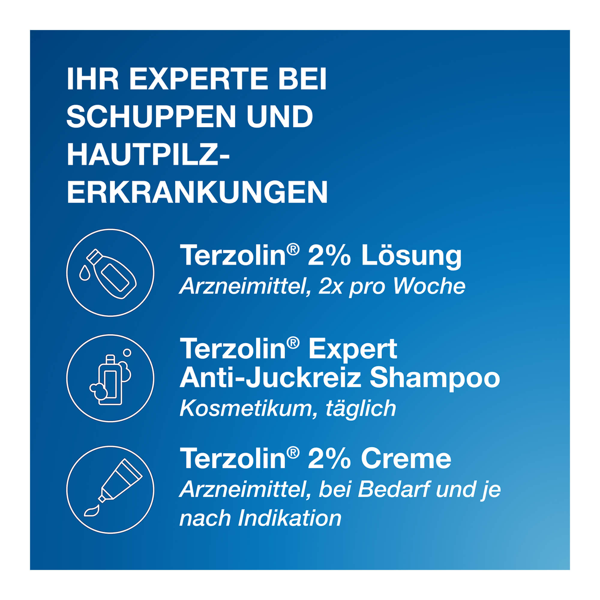 Grafik Ihr Experte bei Schuppen und Hautpilzerkrankungen: Terzolin Lösung, Shampoo und Creme