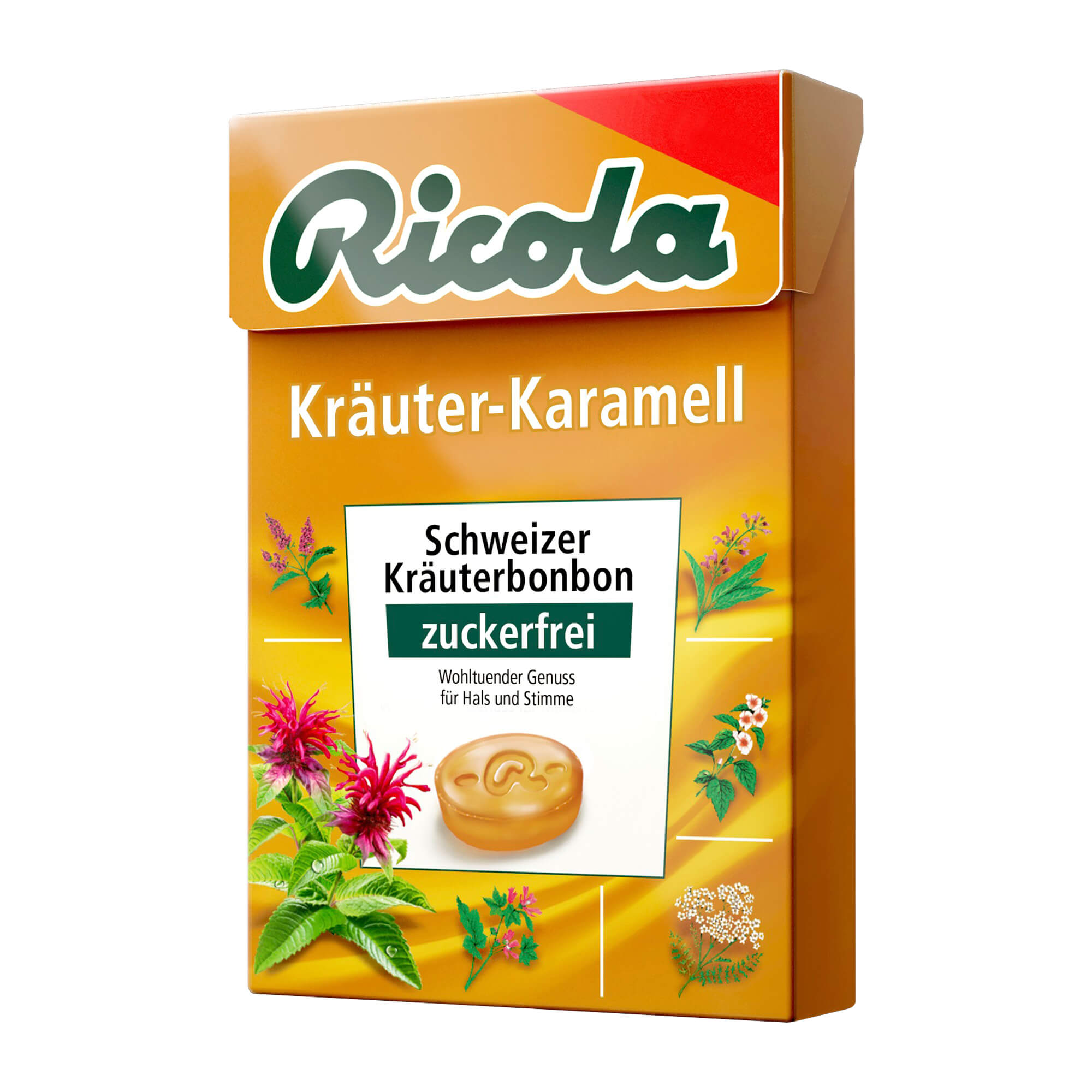 Zuckerfreie schweizer Kräuter-Karmaellbonbons mit Süßungsmitteln.