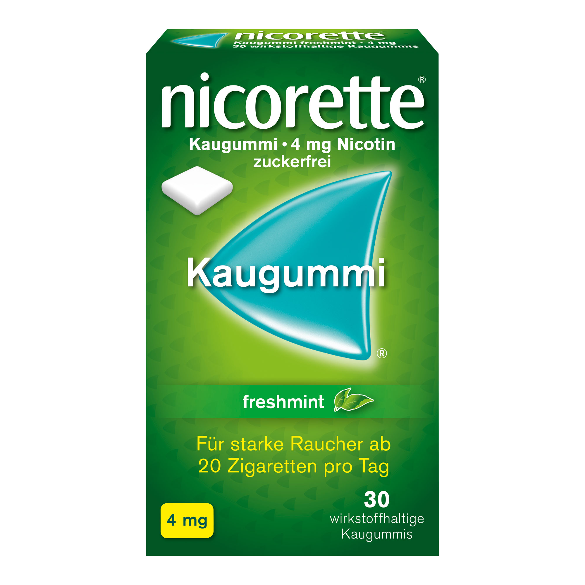 nicorette® Kaugummi freshmint mit 4 mg Nikotin lindert Rauchverlangen und Entzugssymptome, wie innere Unruhe und gesteigerten Appetit während der Raucherentwöhnung. Mit Pfefferminzgeschmack.