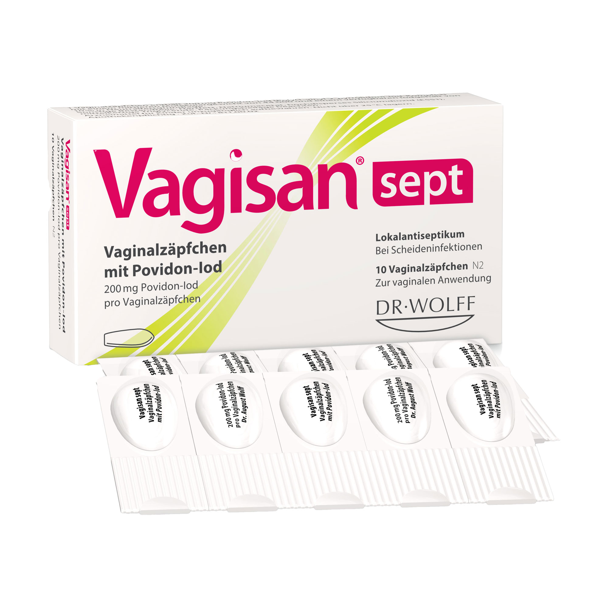 Desinfizierende Vaginalzäpfchen zur Anwendung bei spezifischen und unspezifischen Infektionen der Scheide und bei Scheideninfektionen.