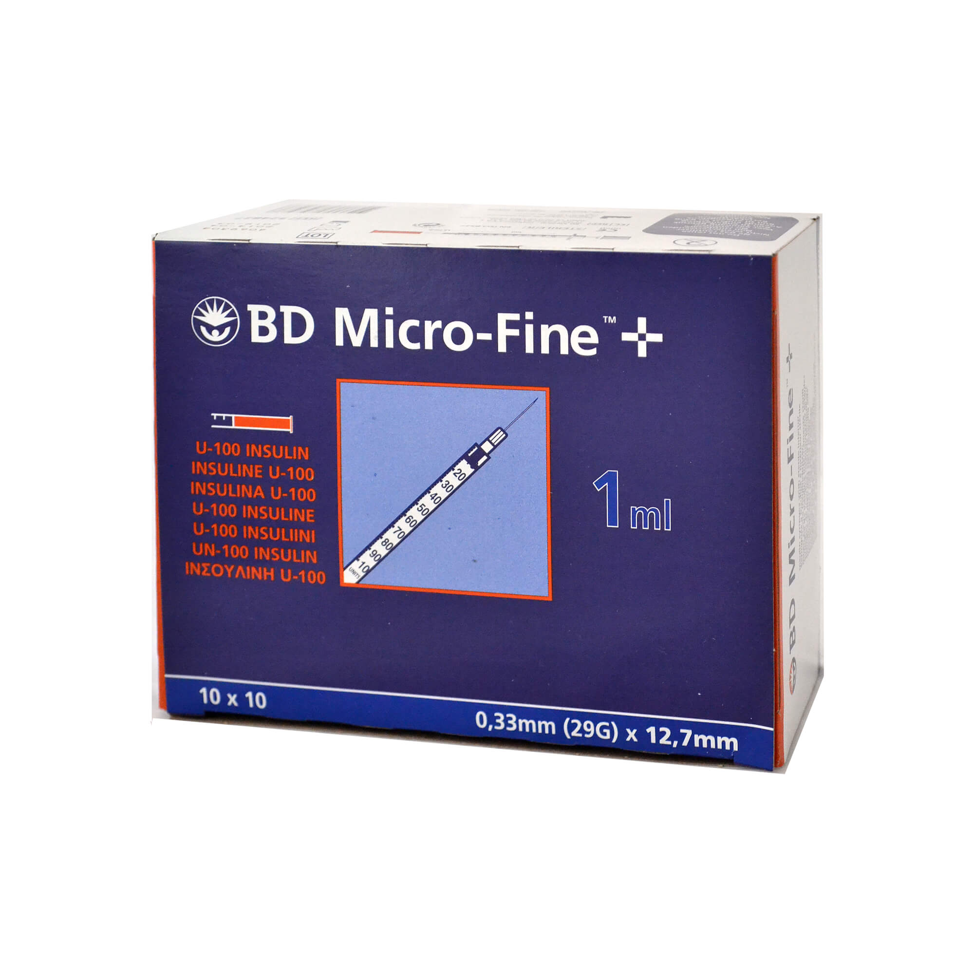 BD Micro-Fine+ Insulinspritzen 1,0 ml für U100-Insuline, Nadellänge: 12,7 mm, Nadelstärke: 0,33 mm.