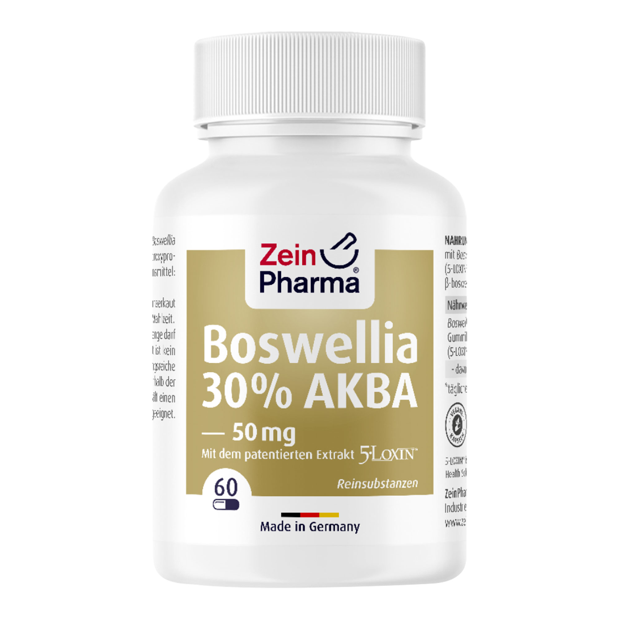 Nahrungsergänzungsmittel mit Boswellia serrata Gummiharz Extrakt mit 30% AKBA in veganen Kapseln.