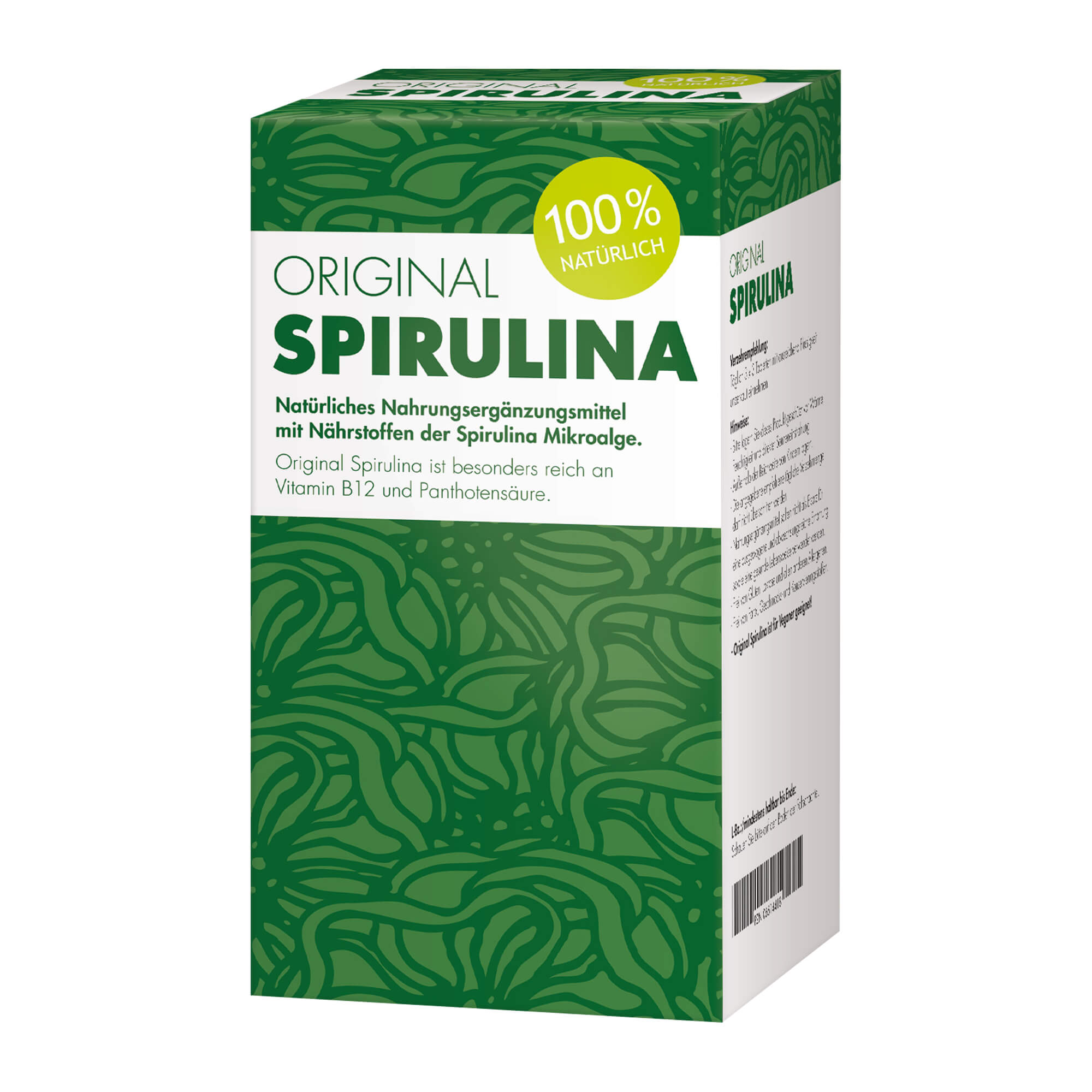 Rein pflanzliches Nahrungsergänzungsmittel mit Spirulina Algen.