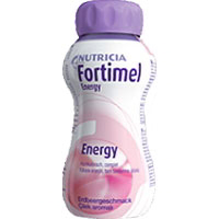 Geschmack: Erdbeere. Fortimel Energy ist eine bilanzierte, hochkalorische Trinknahrung ohne Ballaststoffe für Patienten mit funktionsfähigem Gastrointestinaltrakt.