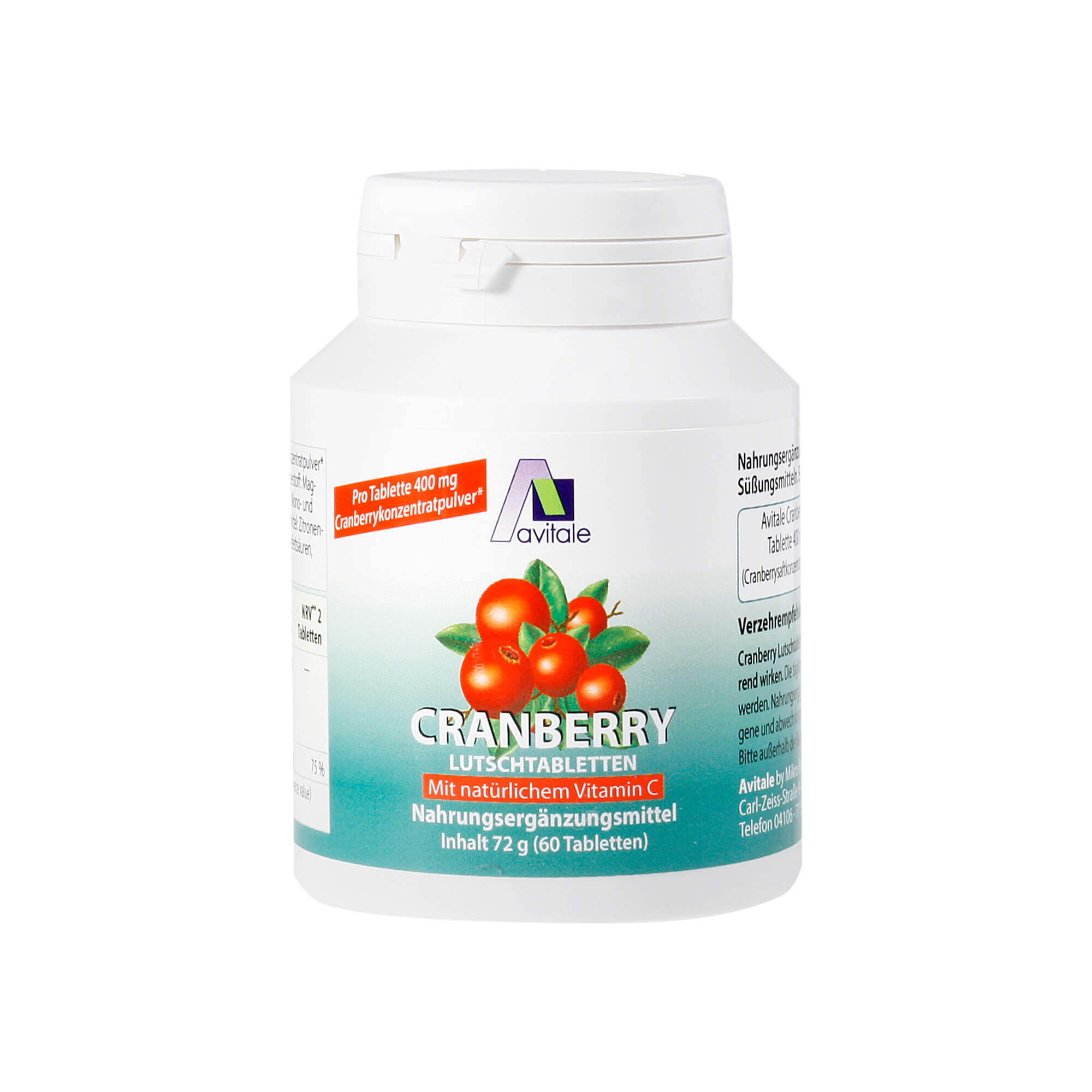 Nahrungsergänzungsmittel mit 400 mg Cranberrykonzentratpulver und Süßungsmittel.