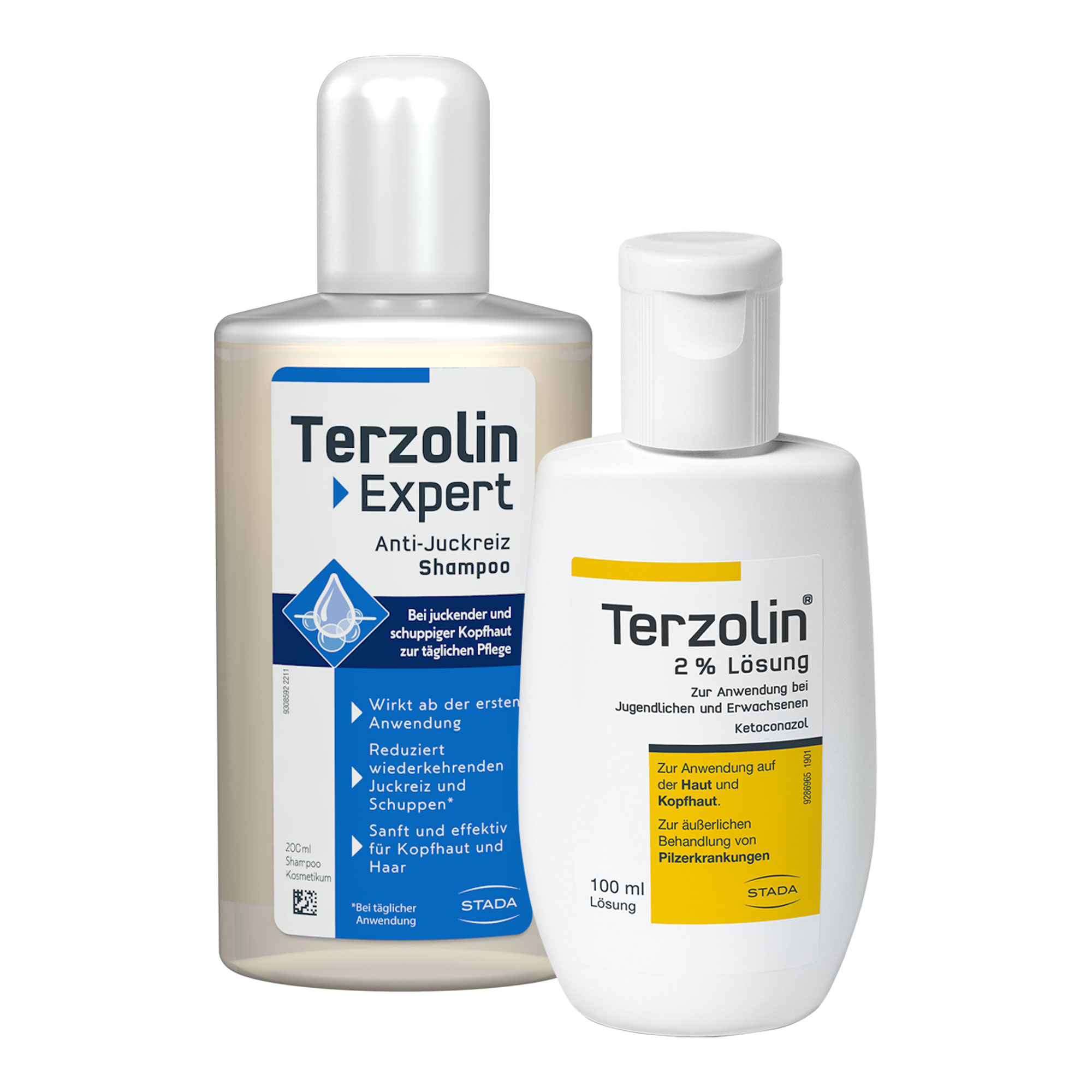 Terzolin Lösung und Anti-Juckreiz Shampoo im Set zur äußerlichen Behandlung bei Schuppen.