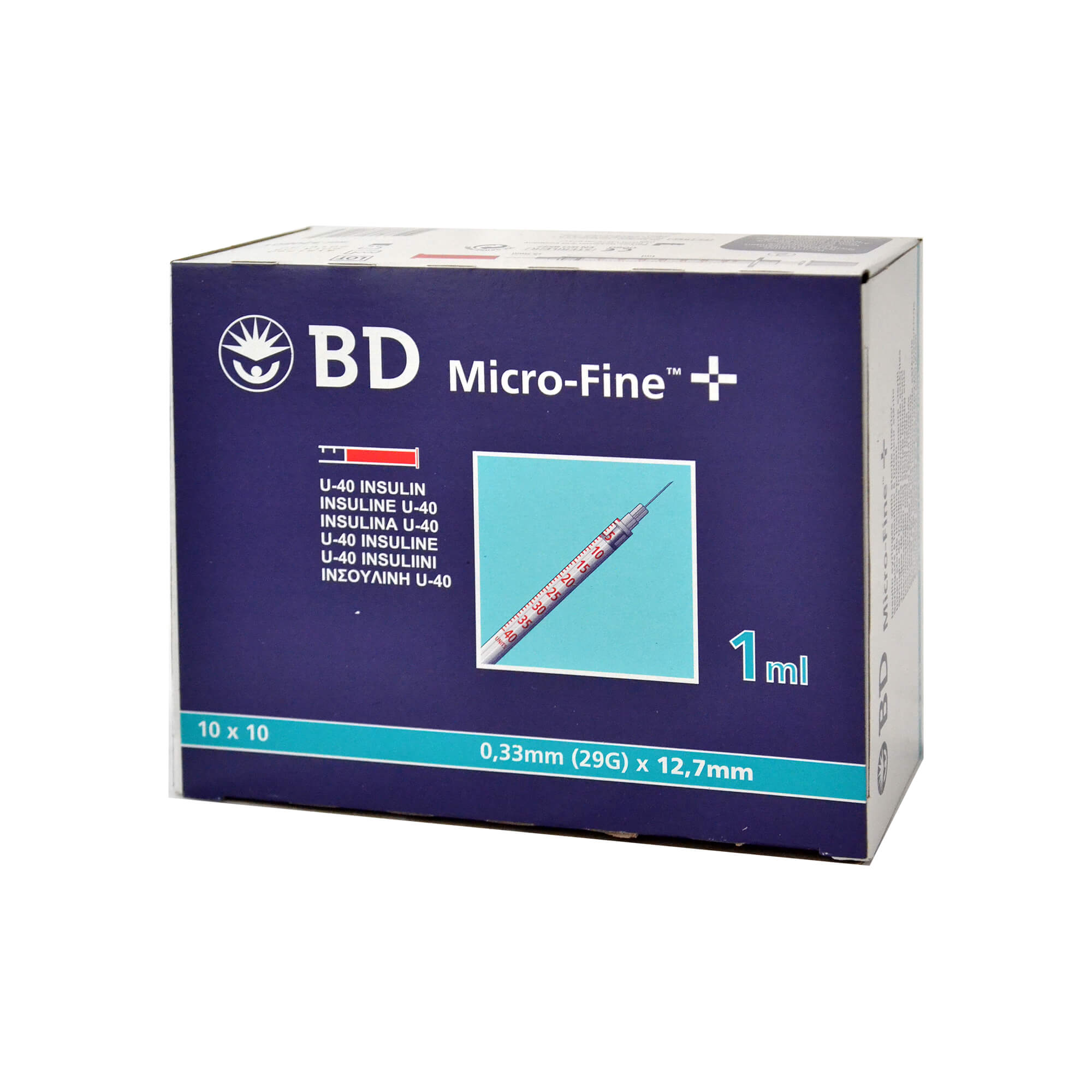 BD Micro-Fine+ Insulinspritzen 1,0 ml für U40-Insuline, Nadellänge: 12,7 mm, Nadelstärke: 0,33 mm.