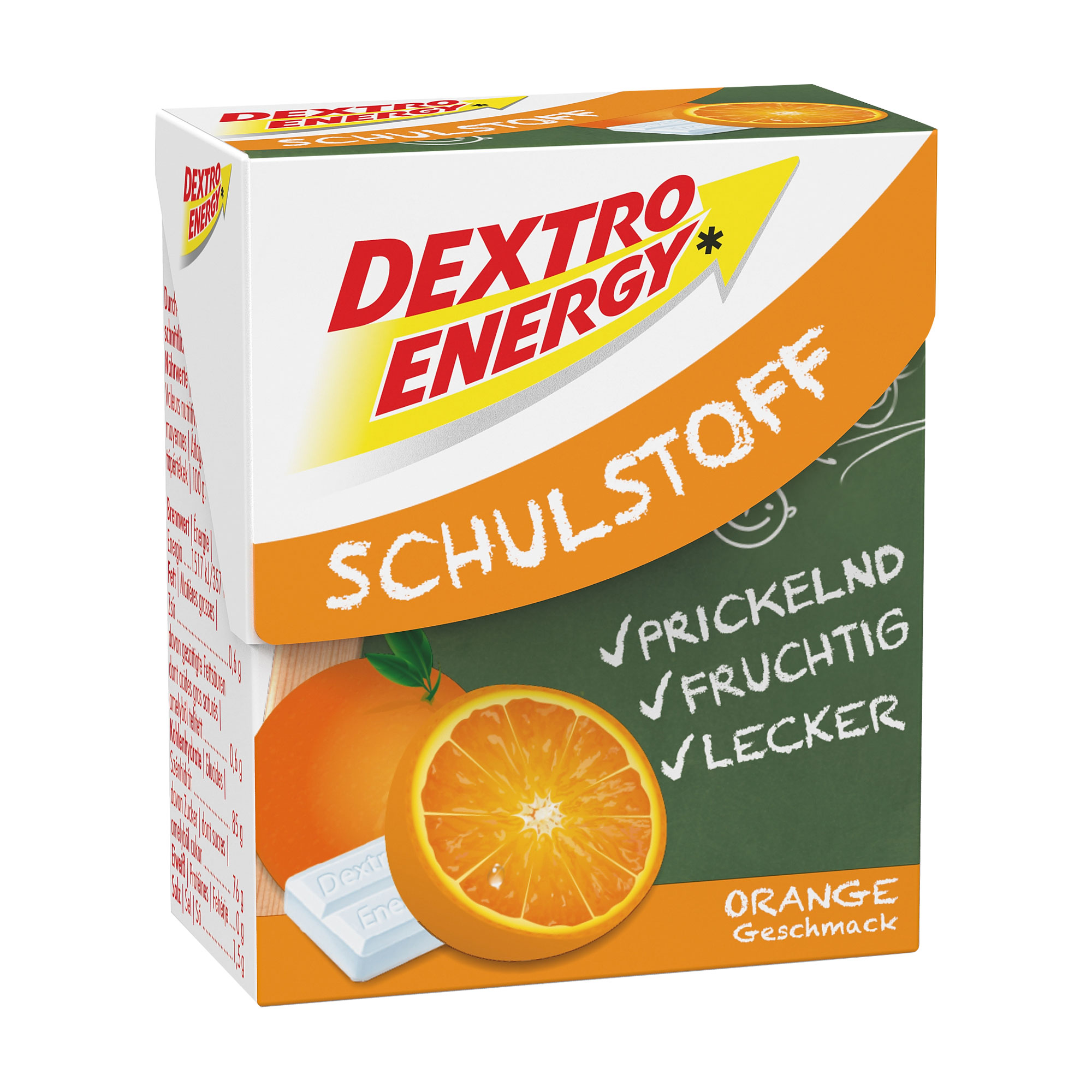 Dextrose in Form von kleinen Täfelchen. Mit frischem Orangengeschmack und witzigem Prickeleffekt.