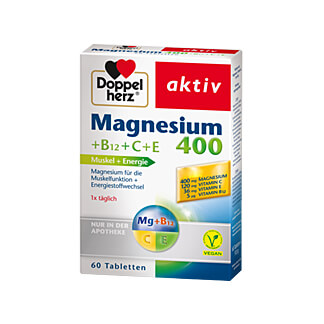 Veganes Nahrungsergänzungsmittel mit Magnesium, Vitamin C, E und B12.