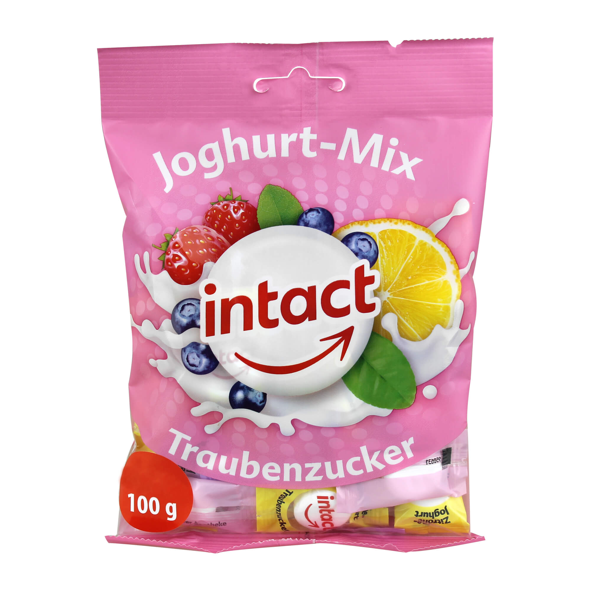 Traubenzuckerbonbons mit Erdbeer-Joghurt-, Heidelbeer-Joghurt- und Zitrone-Joghurt-Geschmack.