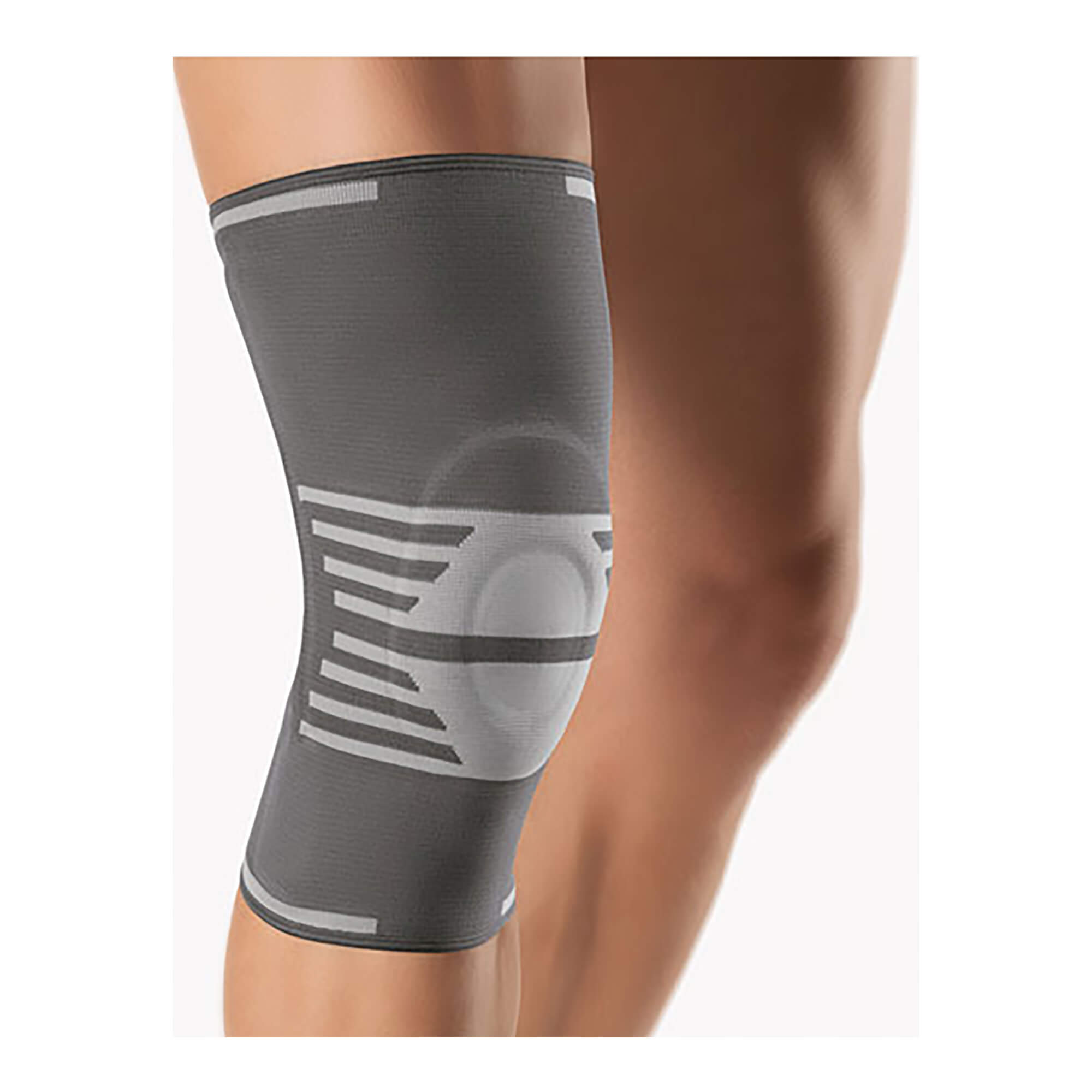 Kniebandage zur Weichteilkompression mit lokaler Druckpelotte aus flexiblem Material um die Kniescheibe.