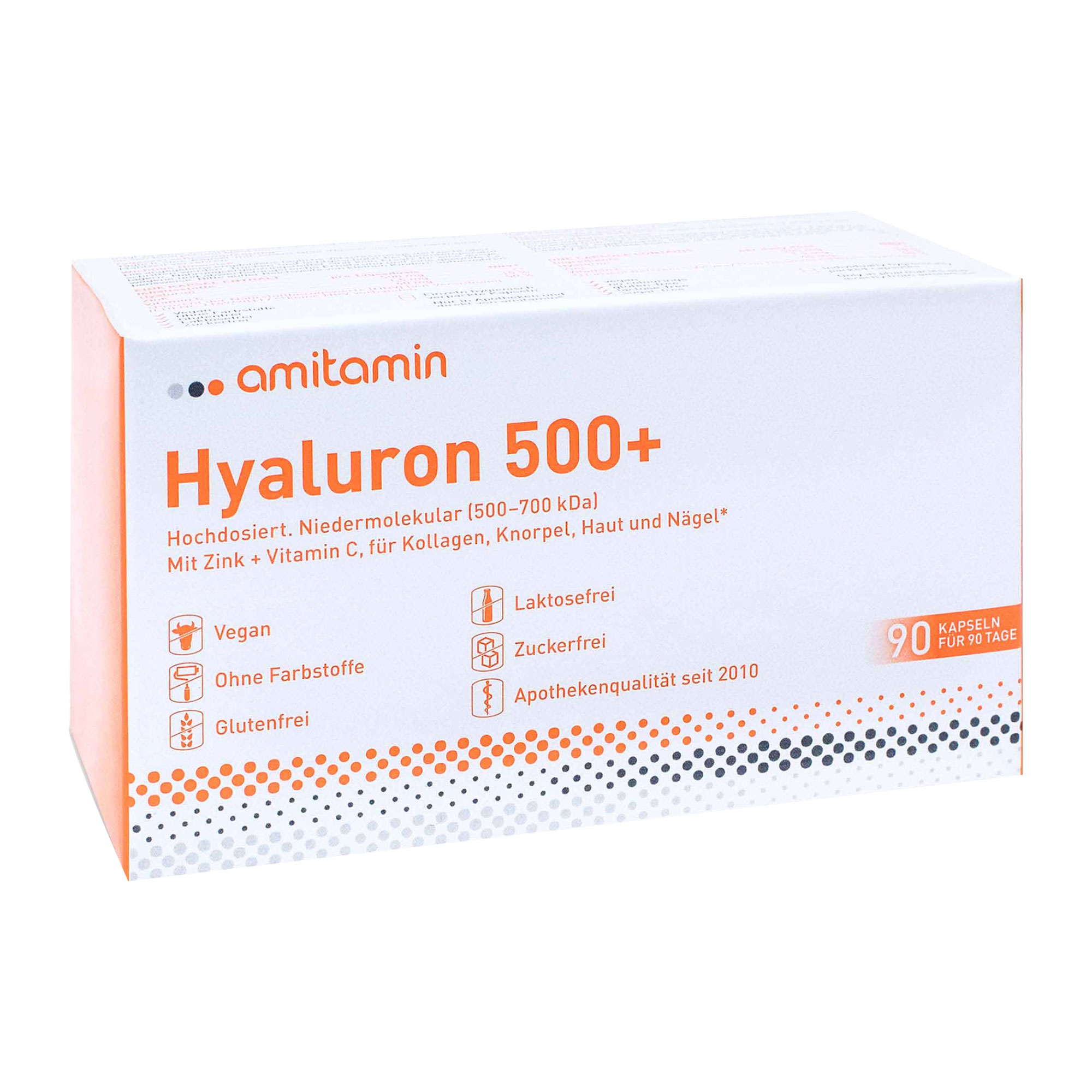 Nahrungsergänzungsmittel mit Hyaluron, Vitamin C und Zink.