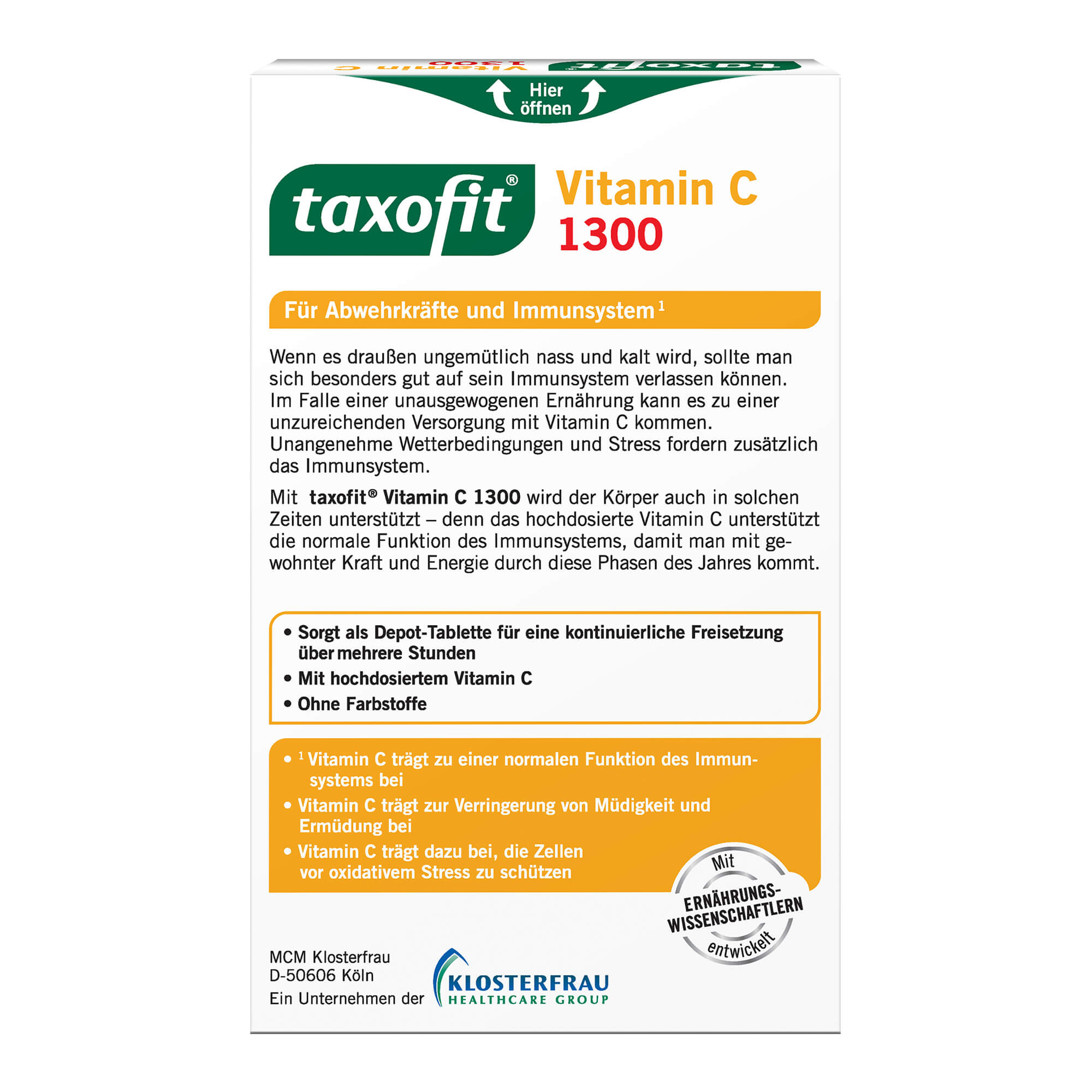 Taxofit Vitamin C Tabletten mit 1300 mg Vitamin C Packungsrückseite