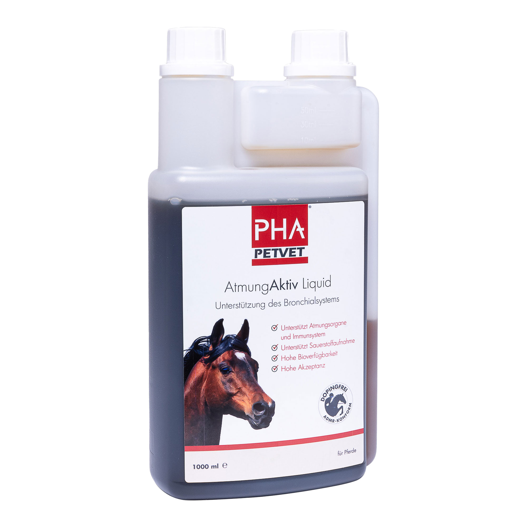 Flüssiges Ergänzungsfuttermittel für Pferde zur Unterstützung des Bronchialsystems.