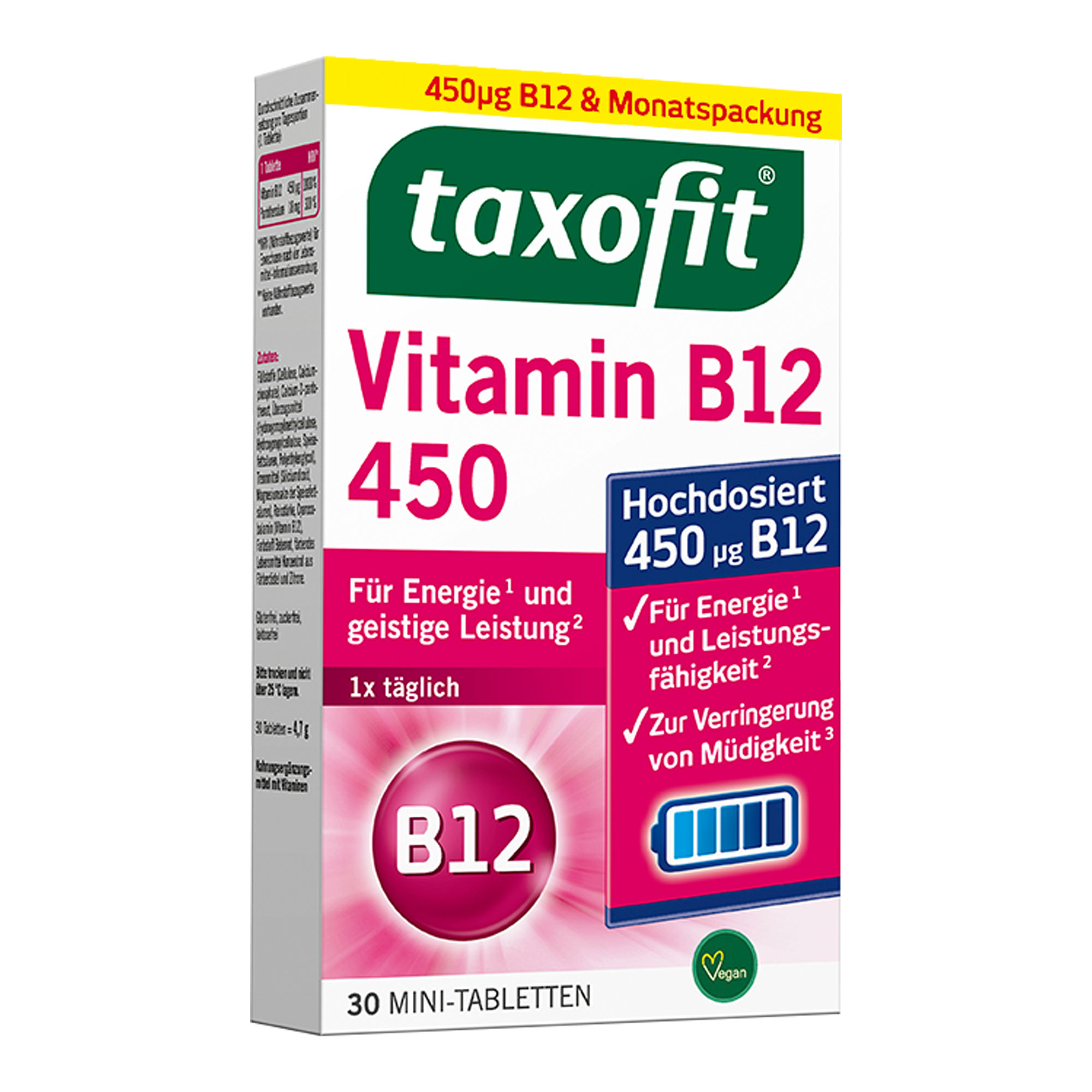 Nahrungsergänzungsmittel mit hochdosiertem Vitamin B12 und Folsäure. Kleine, gut schluckbare Mini-Tabletten.