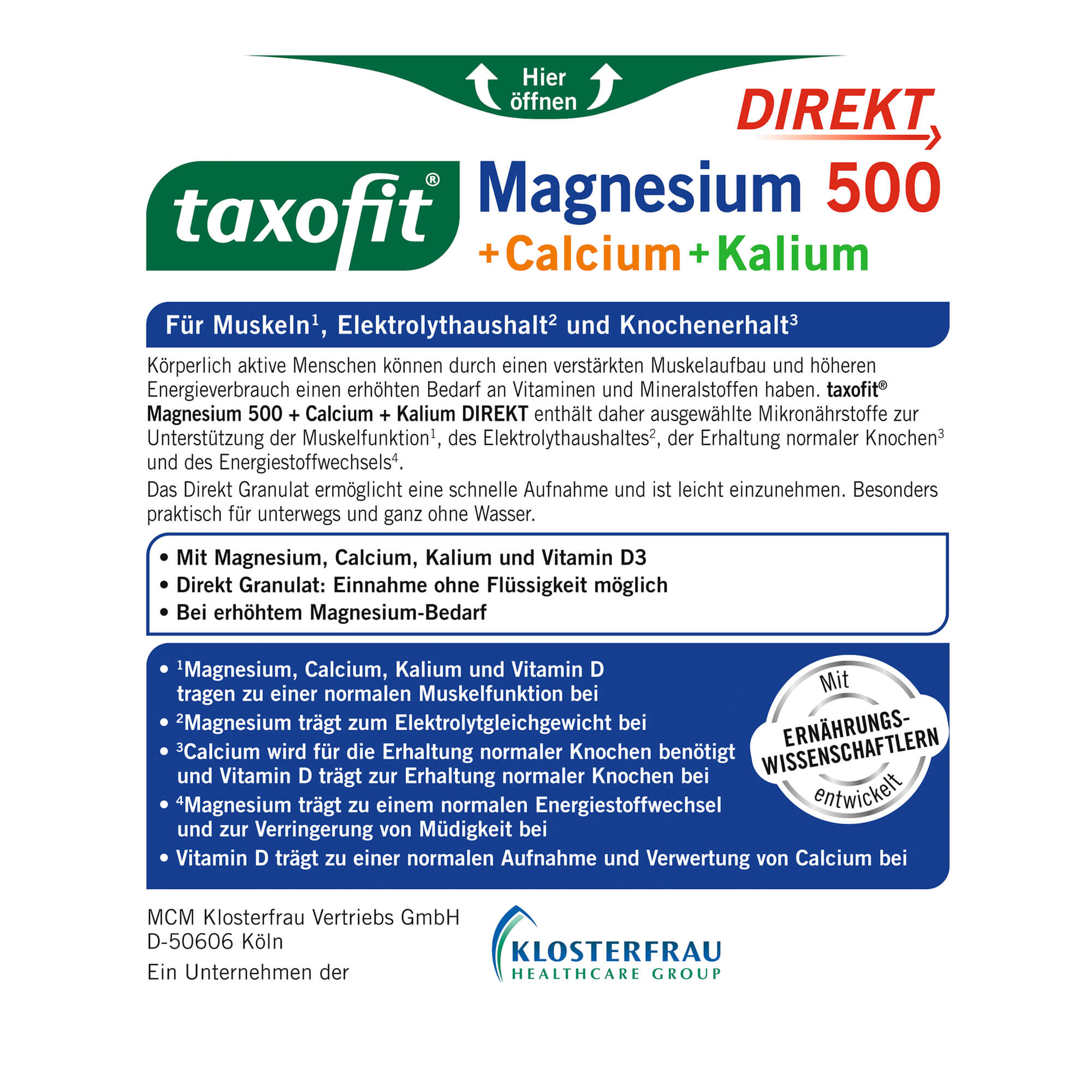 Taxofit Magnesium 500+Calcium+Kalium Direkt-Granulat Packungsrückseite