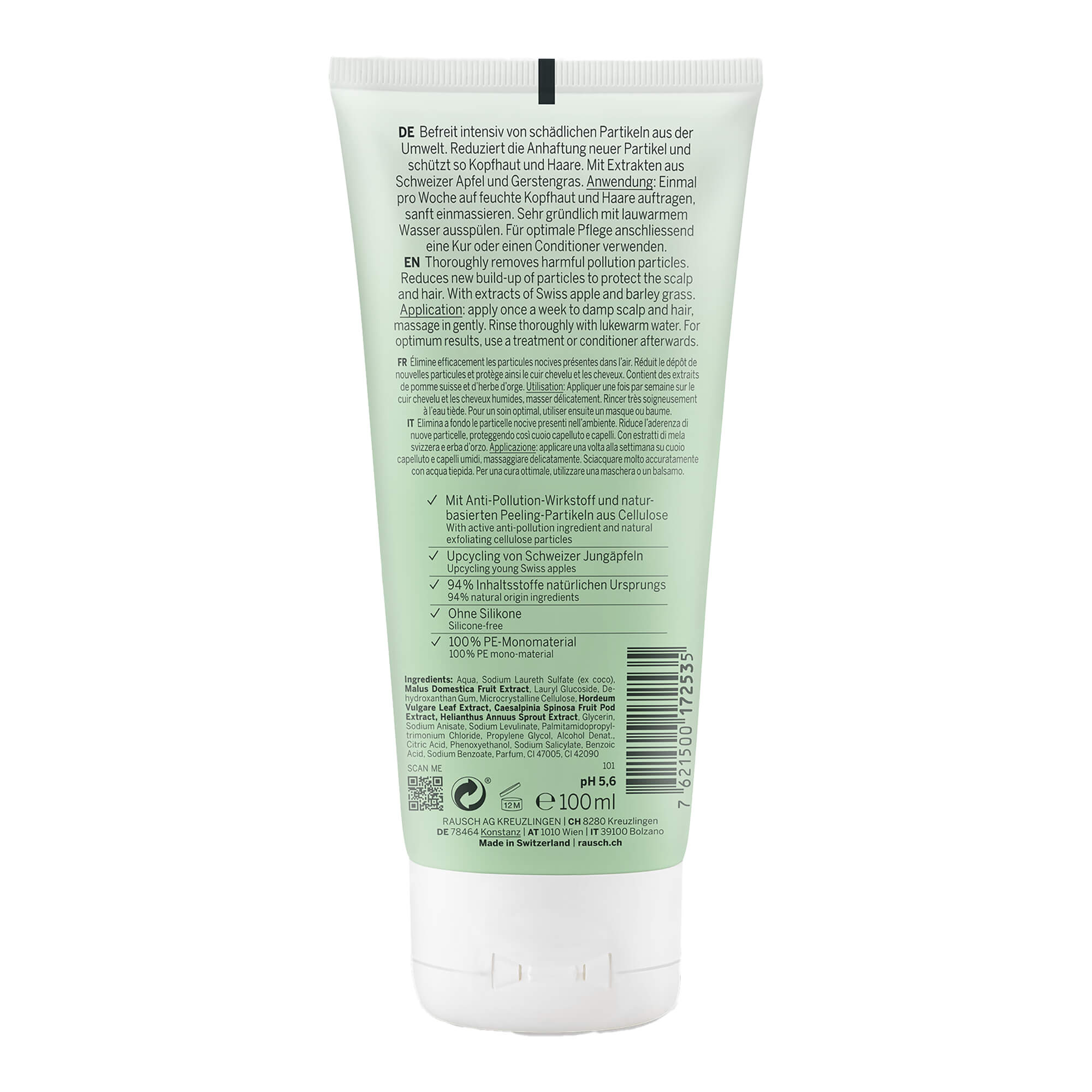 Rausch Anti-Pollution Peeling-Shampoo mit Schweizer Apfel Packungsrückseite