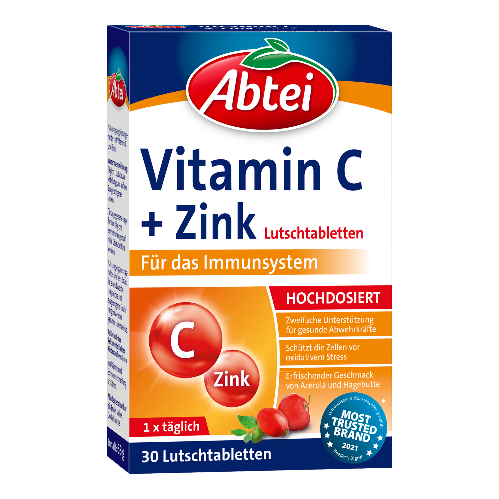 Nahrungsergänzungmittel mit Vitamin C und Zink. Erfrischender Geschmack von Acerola und Hagebutte.