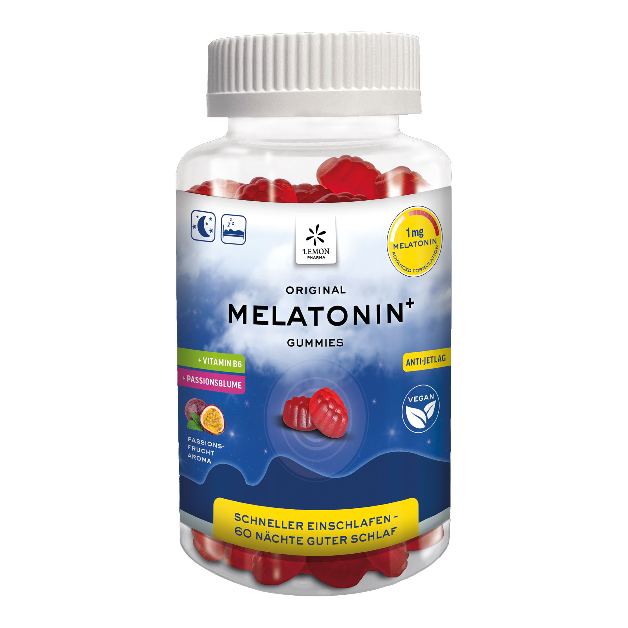 Nahrungsergänzungsmittel mit 1 mg Melatonin, Vitamin B6 und Passionsblumenkrautextrakt. Mit Passionsfrucht-Geschmack.