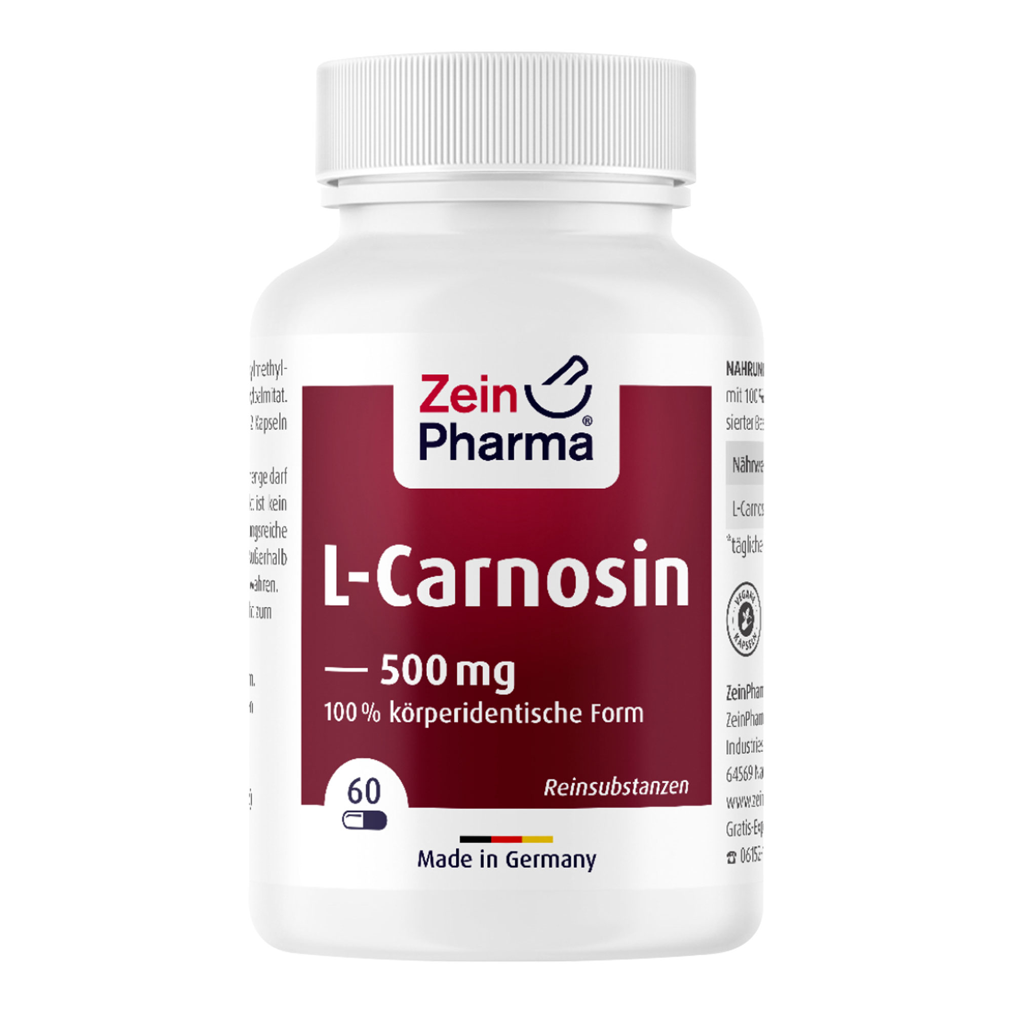 Nahrungsergänzungsmitel mit 100 % reinem L-Carnosin, in hochdosierter Basen-Form und veganen Kapseln.